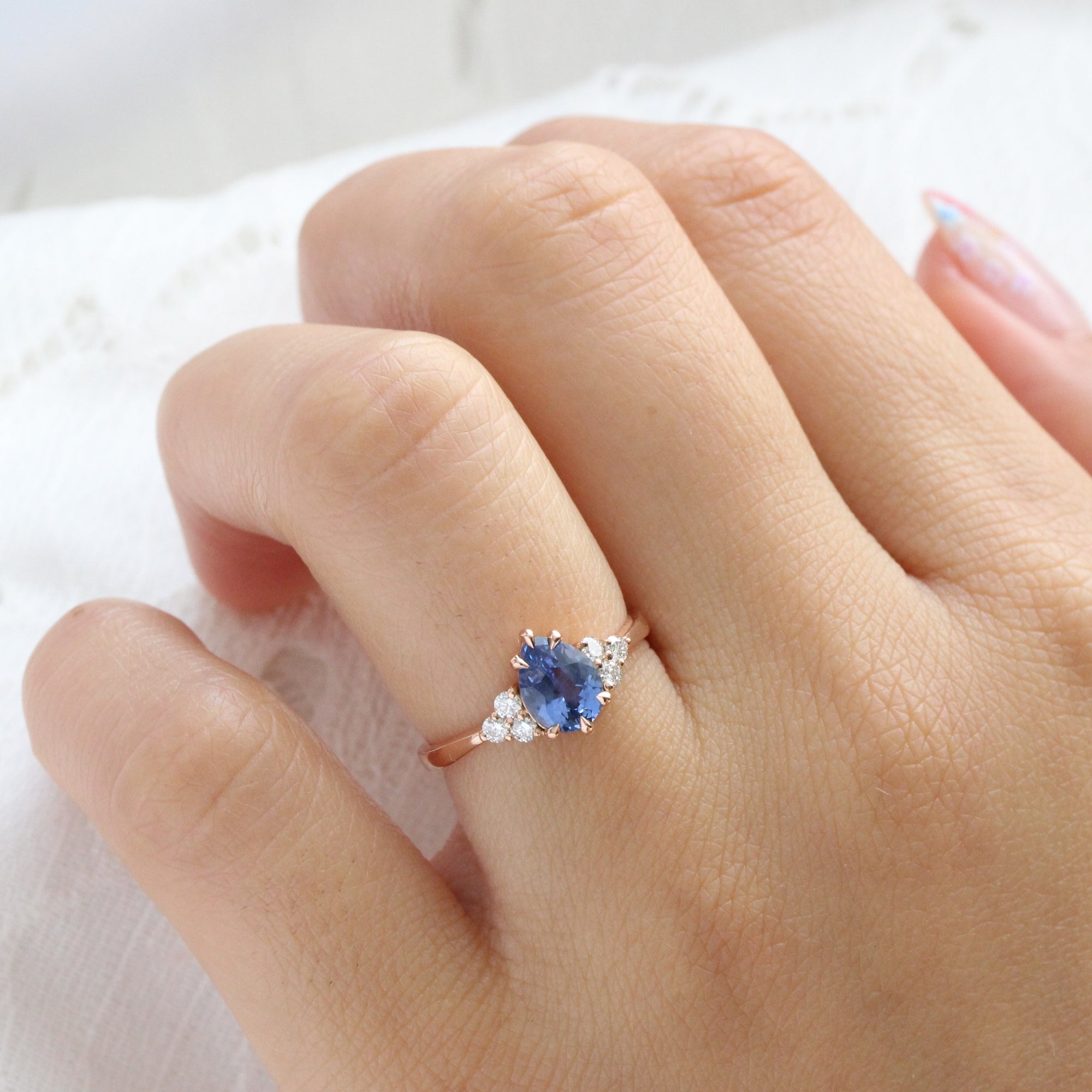 Pear Blue Sapphire Engagement Ring Rose Gold 3 Stone Diamond Ring