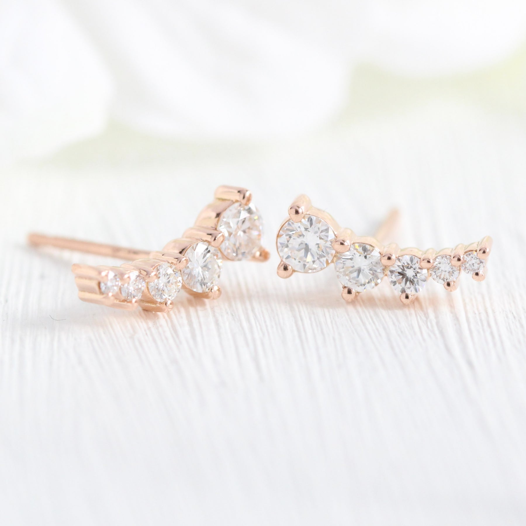 5 Stone Diamond Earrings Rose Gold Studs Curved Crawler Earrings