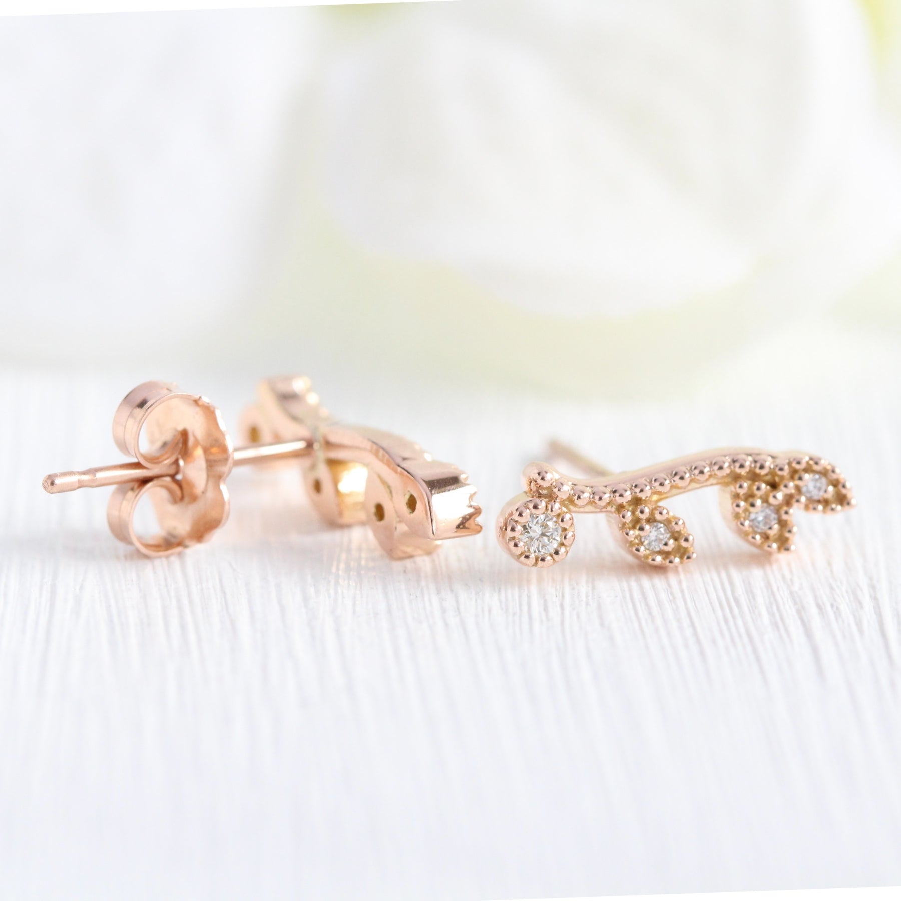 Leaf Diamond Earrings Rose Gold Stud Earrings Curved Crawler Earrings