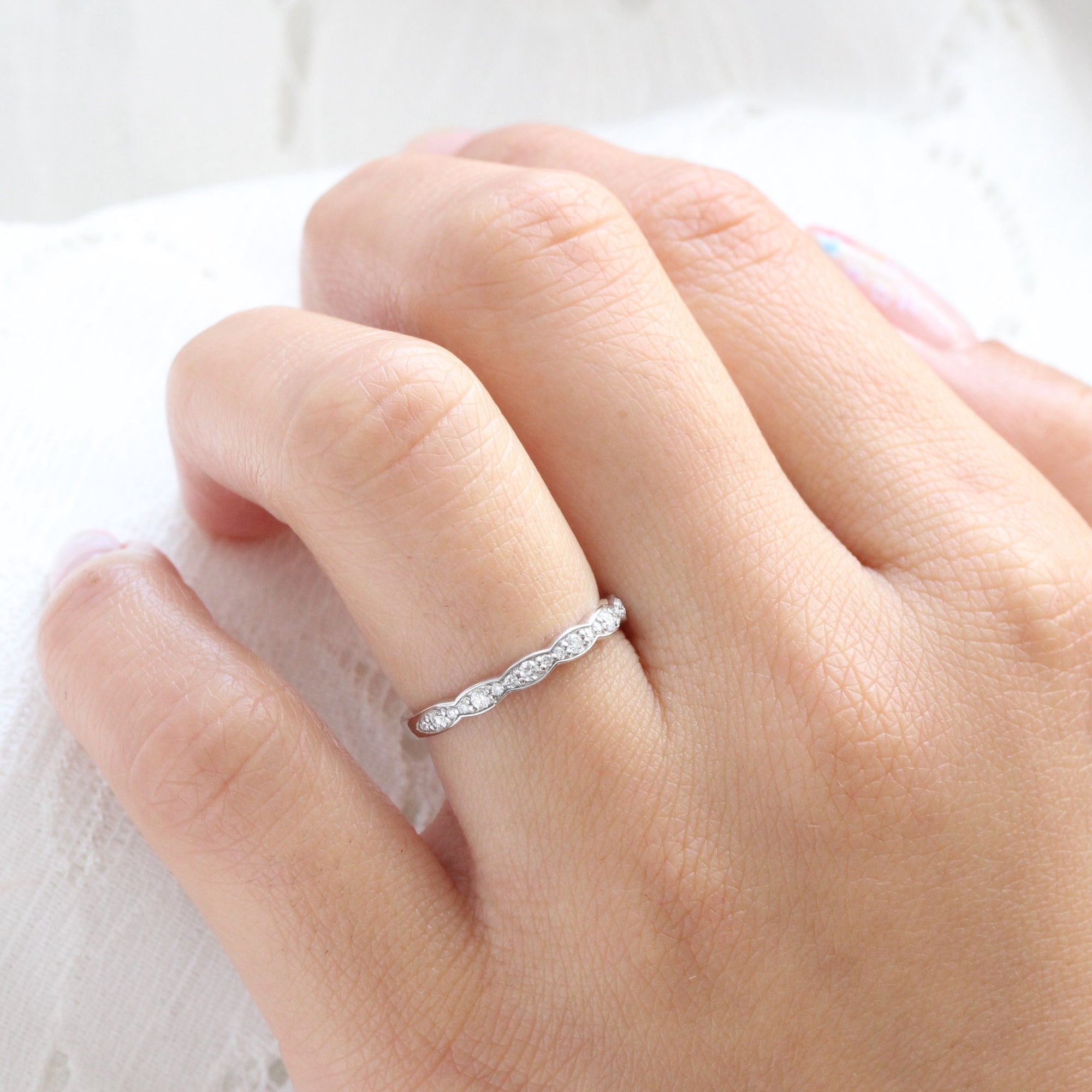 Scalloped Diamond Wedding Ring in Vintage Style Half Eternity Band