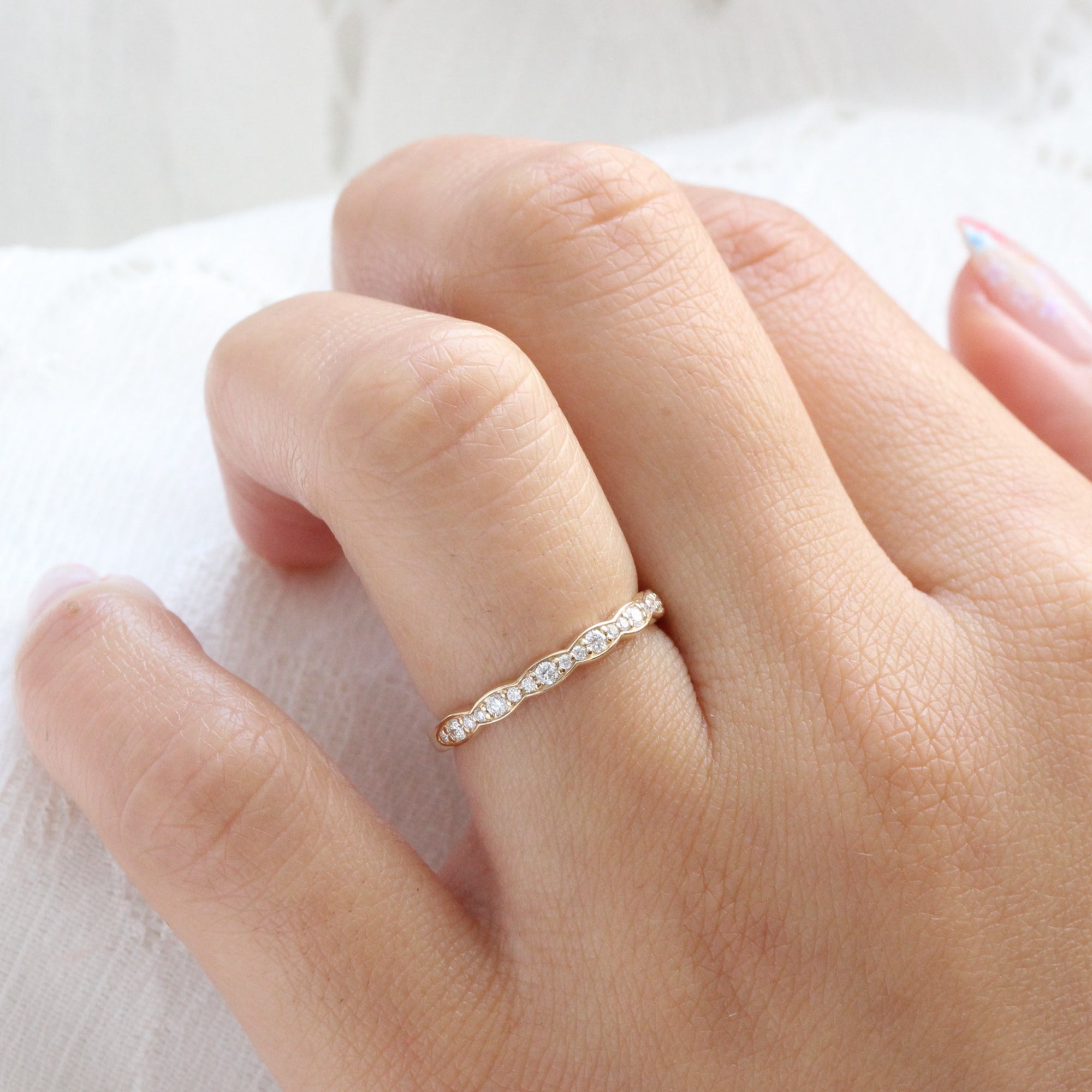 Scalloped Diamond Wedding Ring in Vintage Style Half Eternity Band