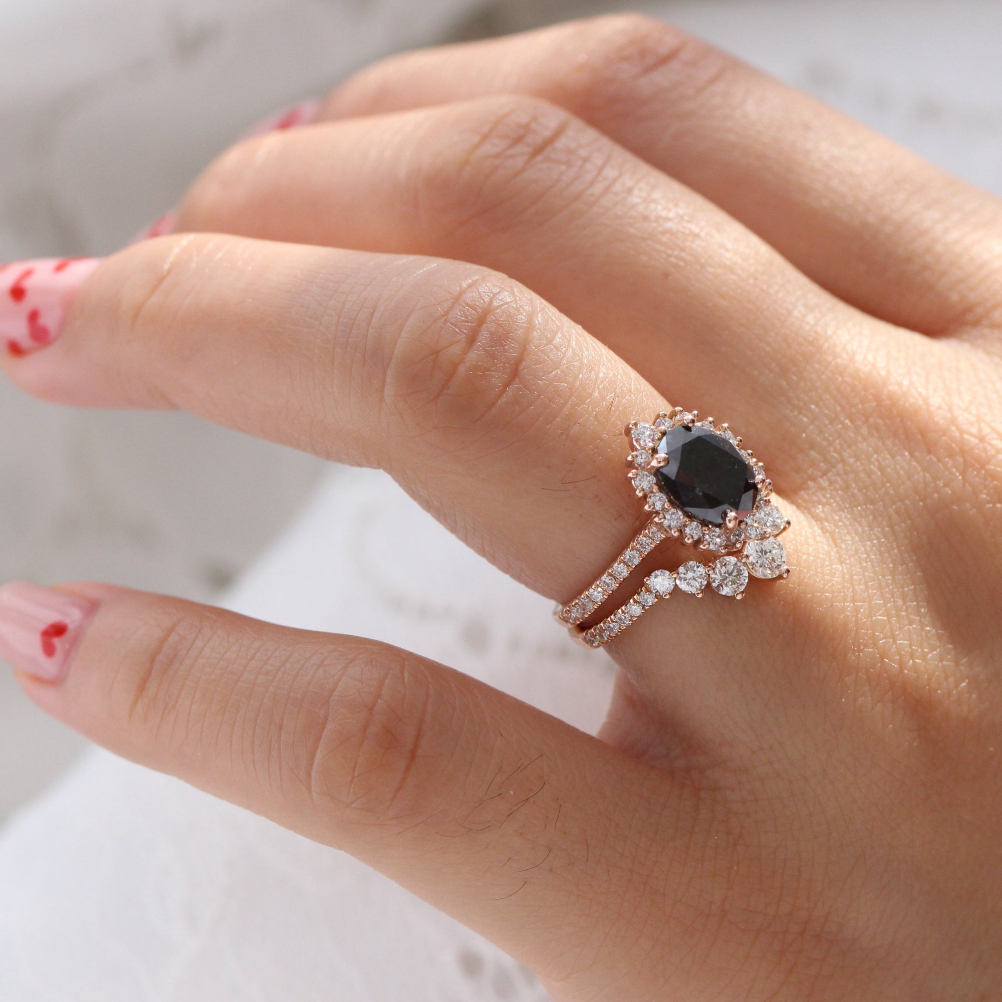 Large Tiara Halo Engagement Ring w/ 2 Carat Oval Black Diamond in Pave Band