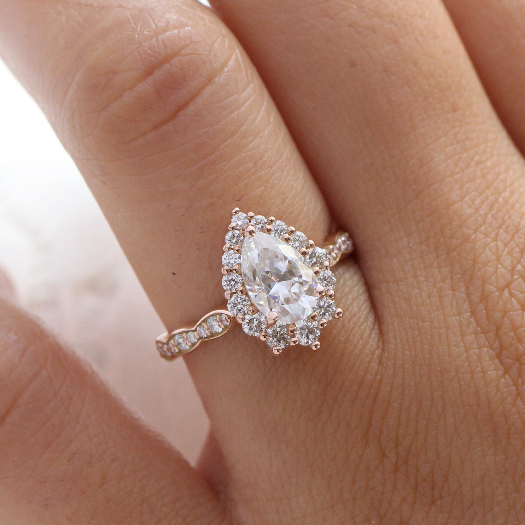 Large Moissanite Pear Engagement Ring Rose Gold Halo Diamond Ring