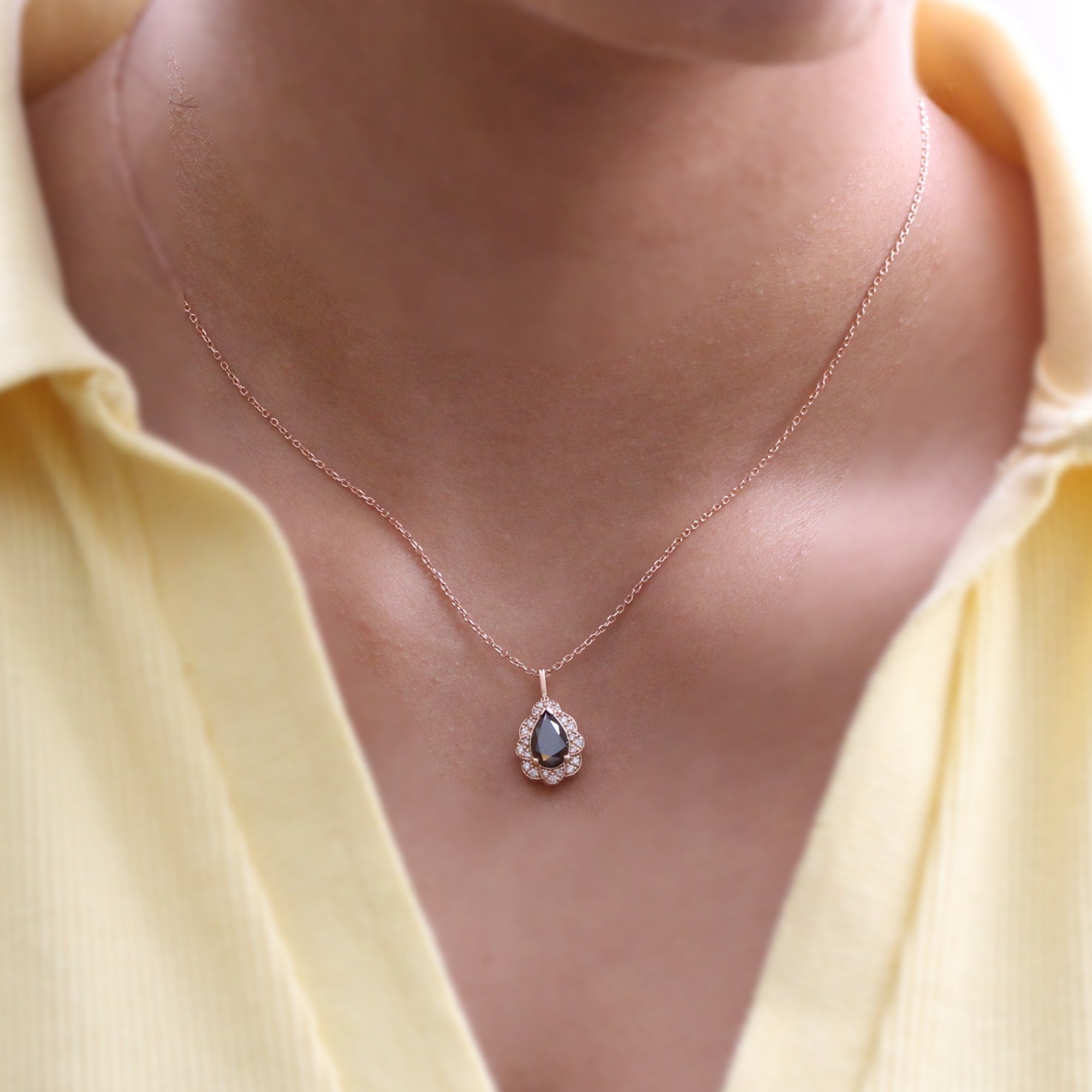 Vintage Halo Pear Black Diamond Pendant Rose Gold Drop Necklace 14K White Gold - Made to Order