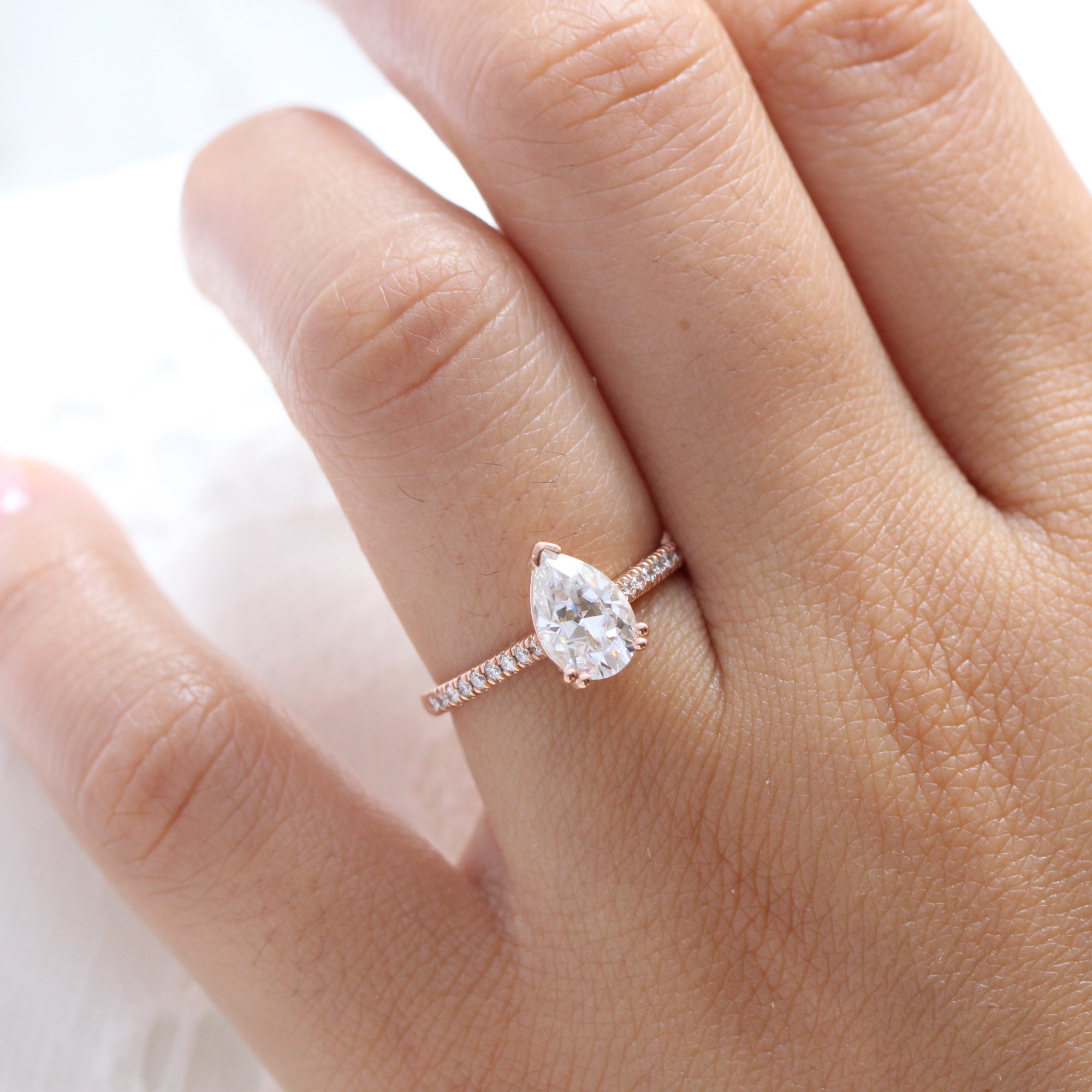 1 Carat Pear Shaped Moissanite Nature Inspired Engagement Ring Set in Rose Gold