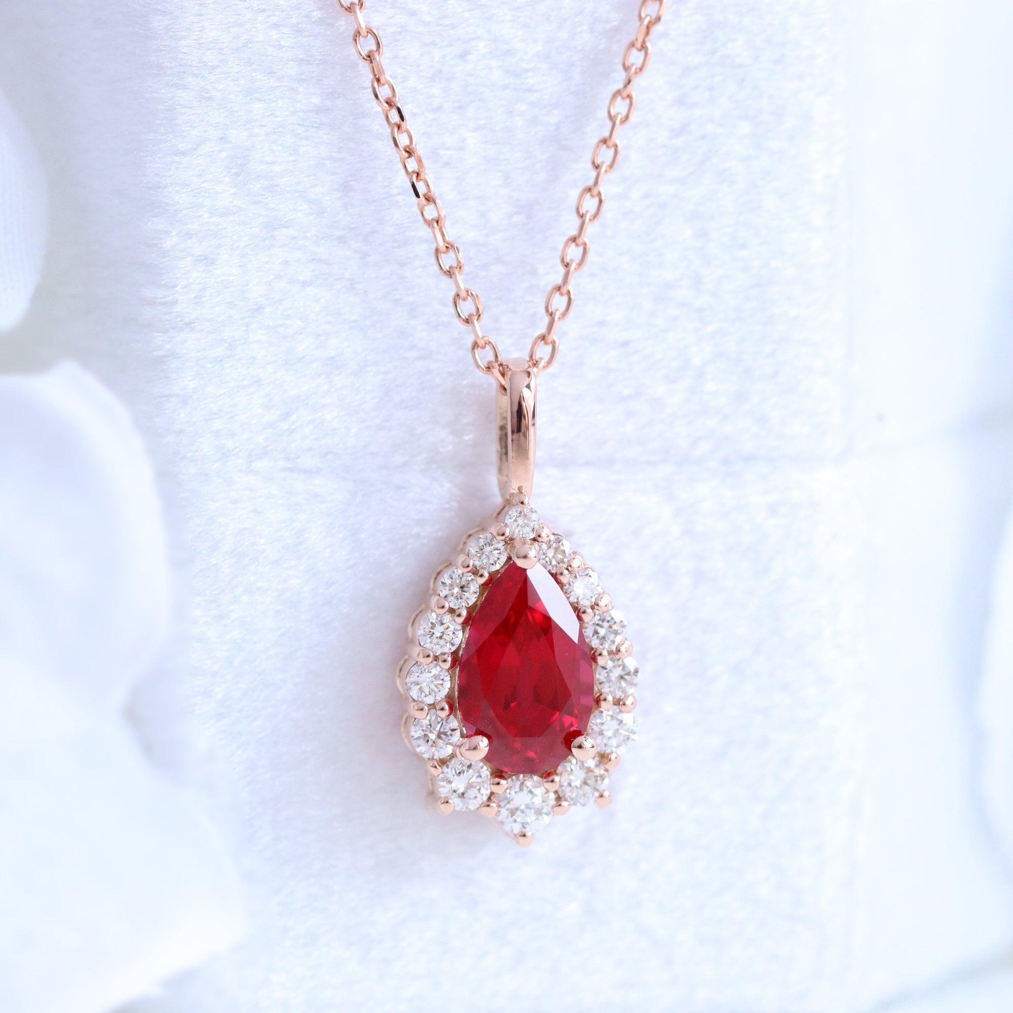Pear Shaped Ruby Necklace Rose Gold Halo Diamond Drop Pendant