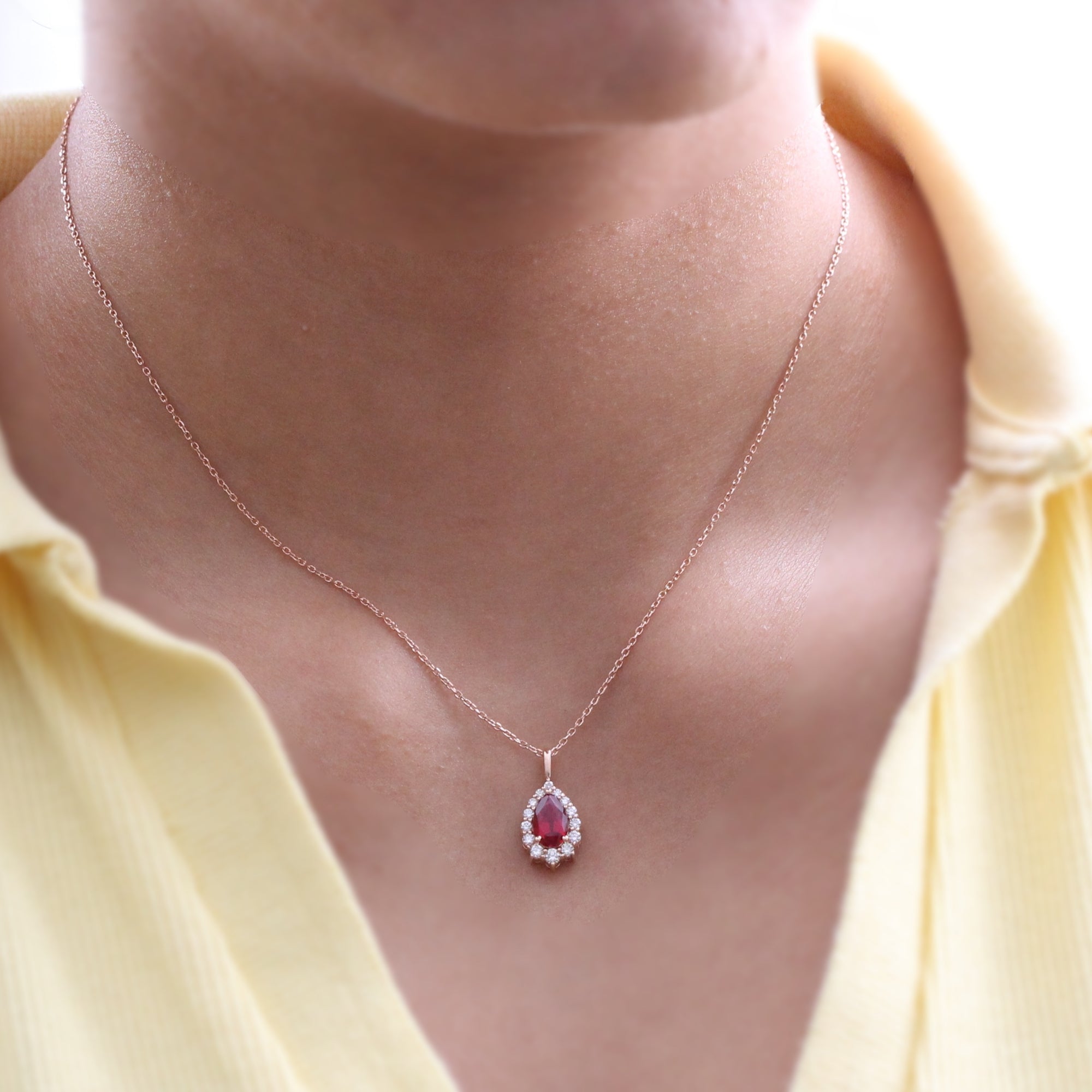 Pear Shaped Ruby Necklace Rose Gold Halo Diamond Drop Pendant Chain
