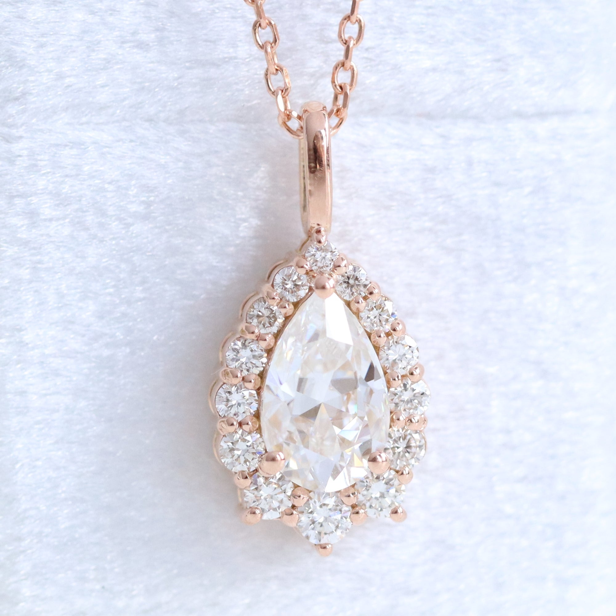 Halo Diamond Necklace Rose Gold Pear Moissanite Pendant Layering