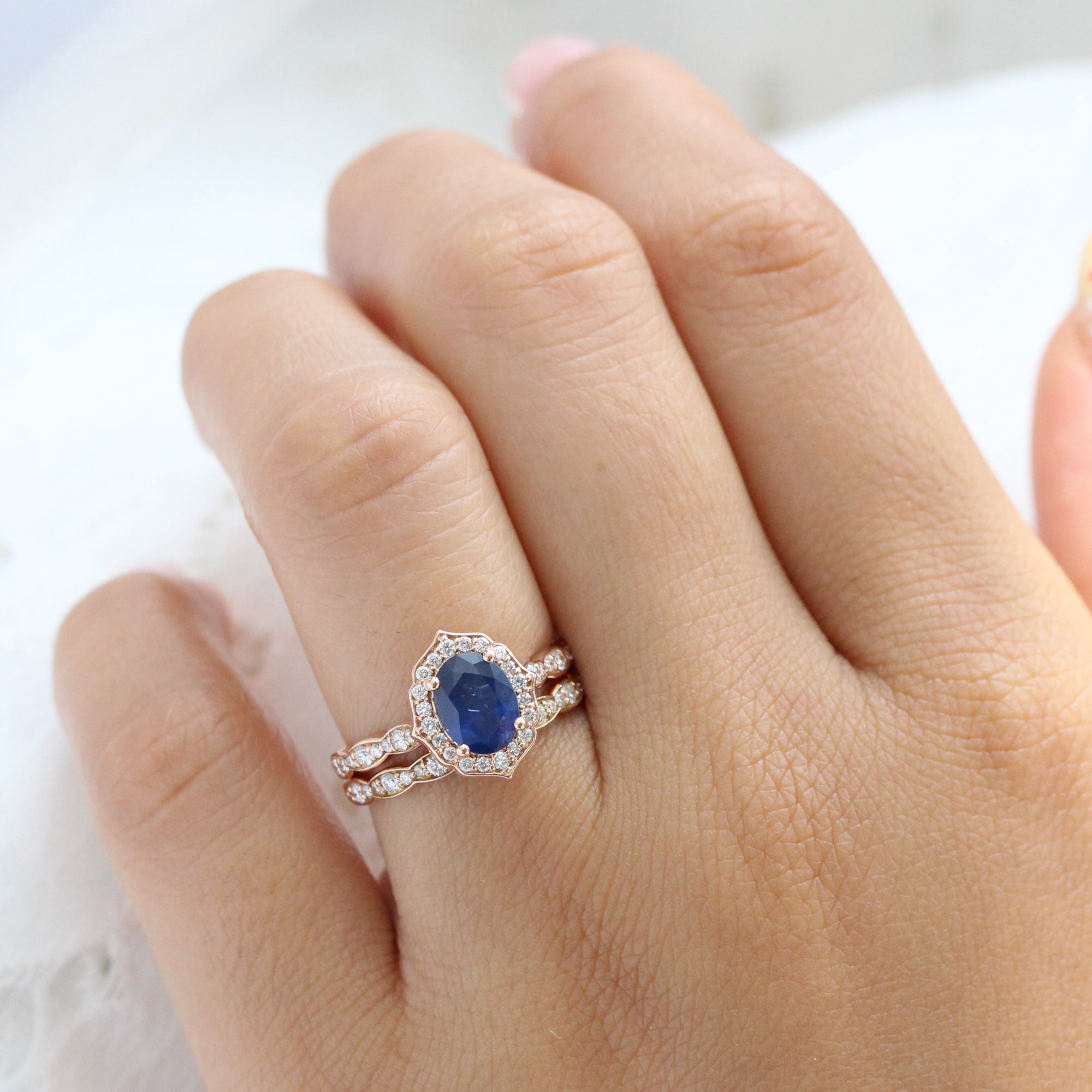 Oval cut Aqua Sapphire Halo Diamond Ring Set by La More Design in