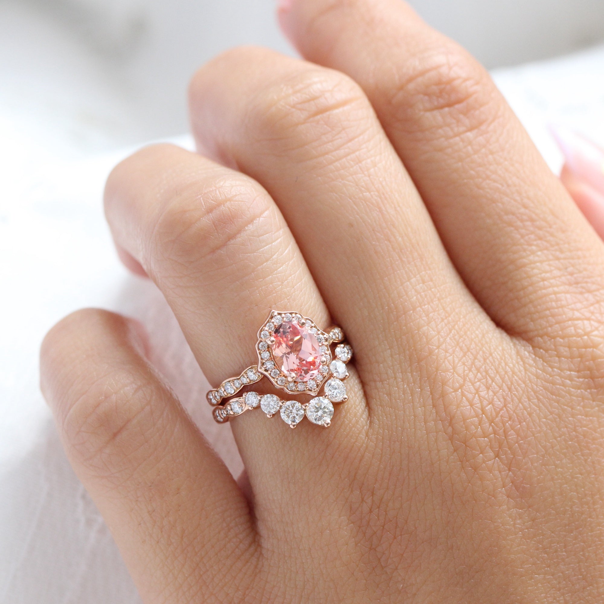 Peach Pink Sapphire Ring Bridal Set Curved Diamond Wedding Ring Stack