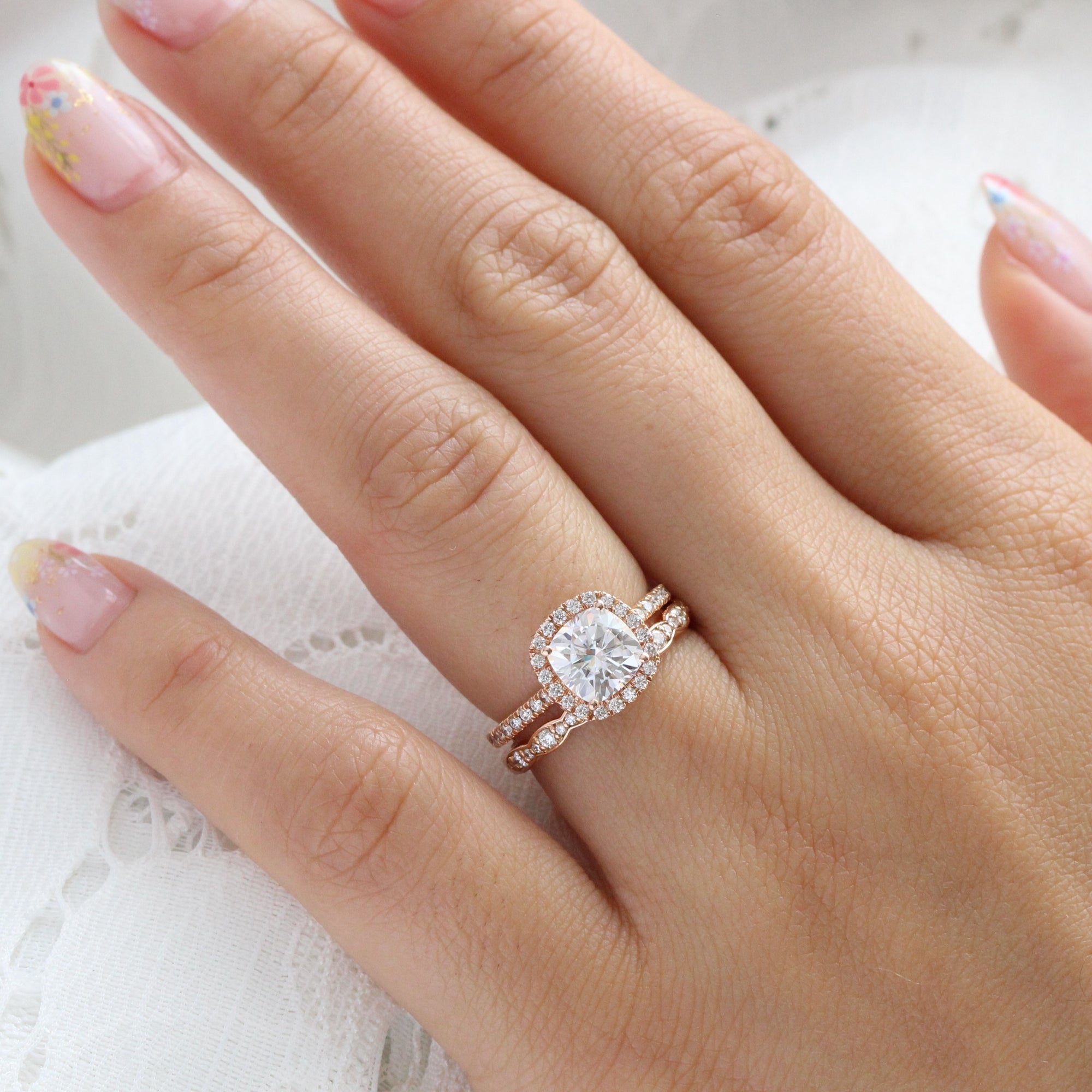 Cushion Halo Diamond Moissanite Ring Bridal Set in Rose Gold Band