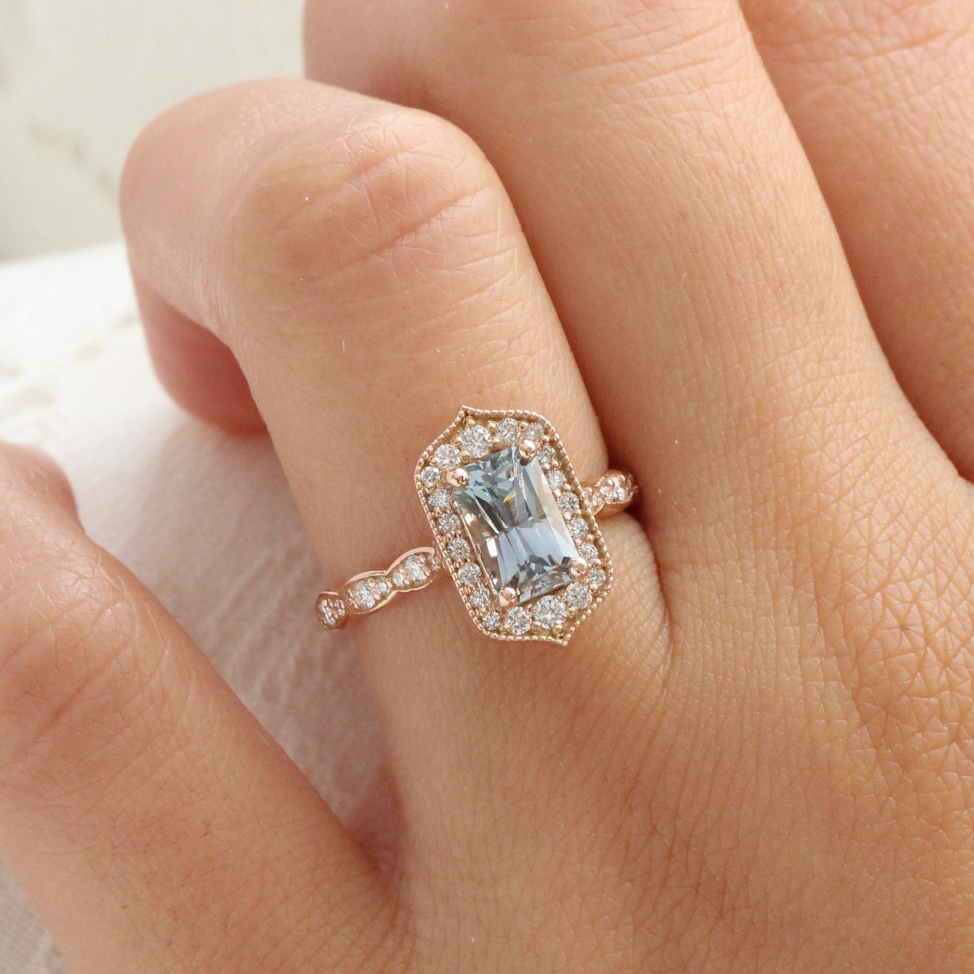 Bridal Ring Set, Emerald Cut Center Stone – Flawless Moissanite
