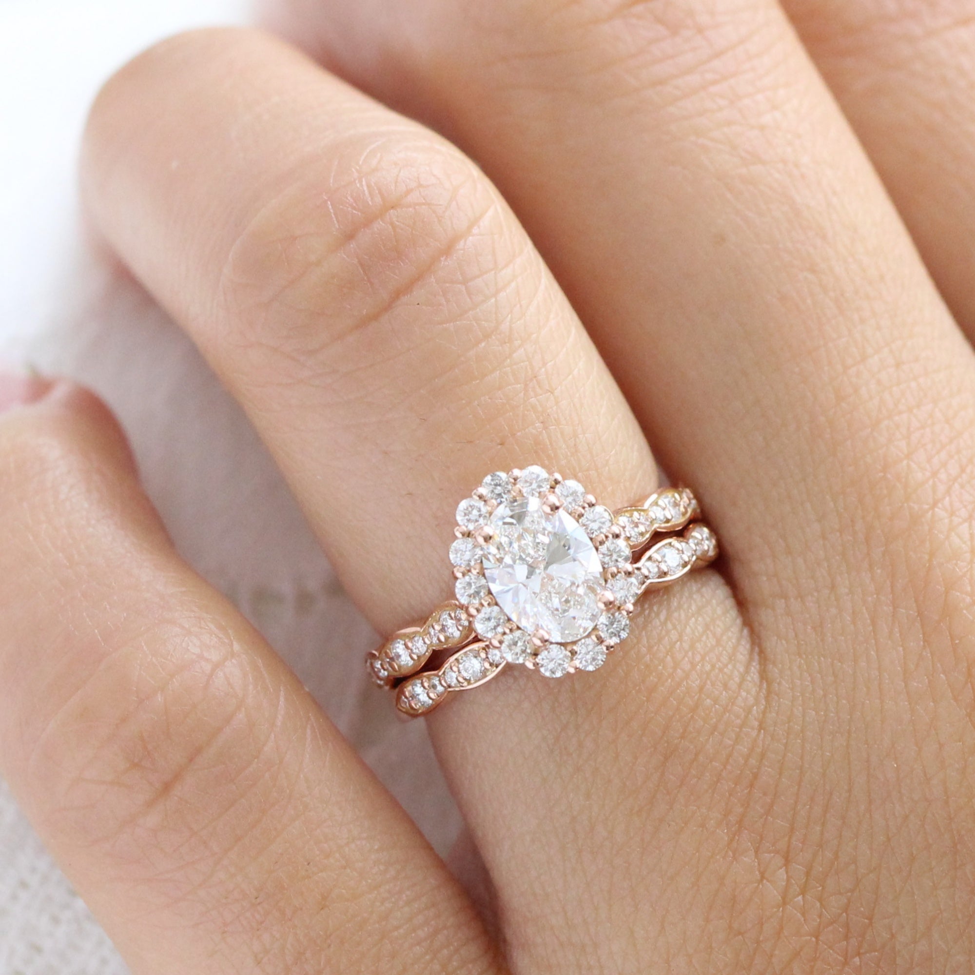Oval Lab Diamond Ring Bridal Set Rose Gold Halo Wedding Ring Stack