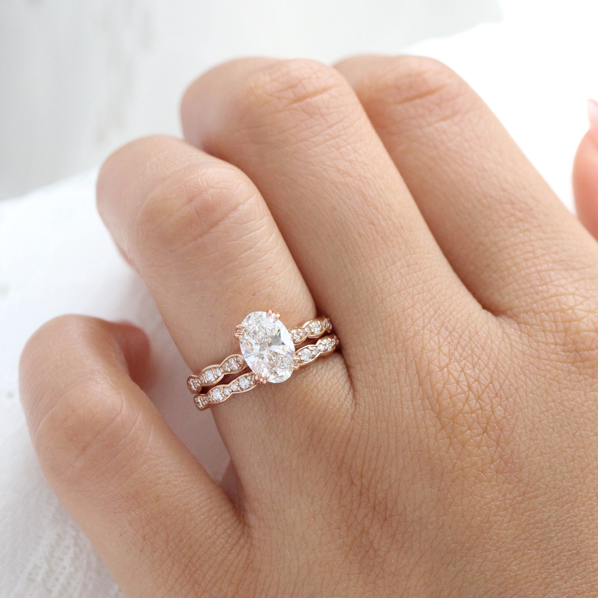 Large Oval Lab Diamond Ring Bridal Set Rose Gold Solitaire Ring Stack