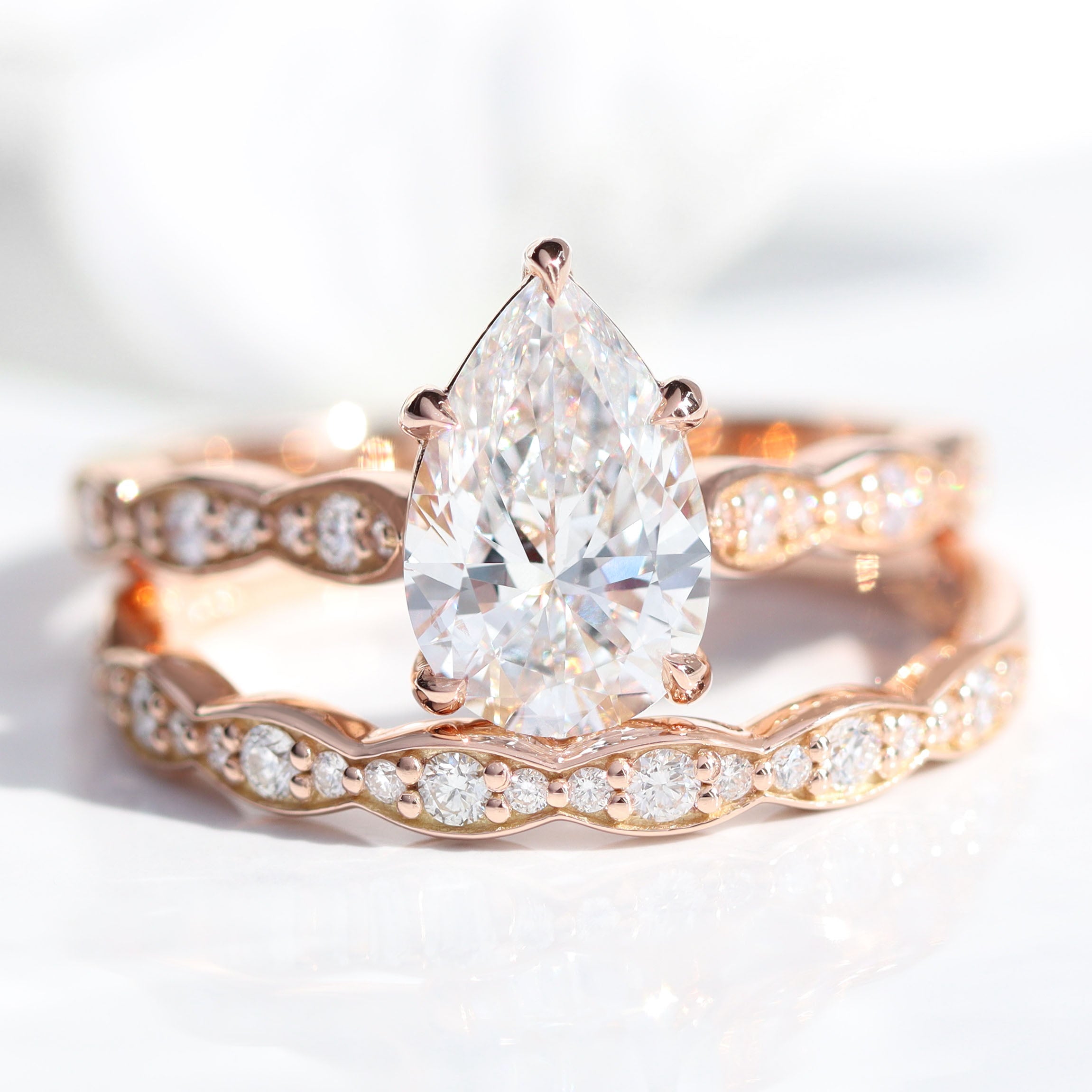 Large Pear Lab Diamond Ring Stack Rose Gold Solitaire Ring Bridal Set