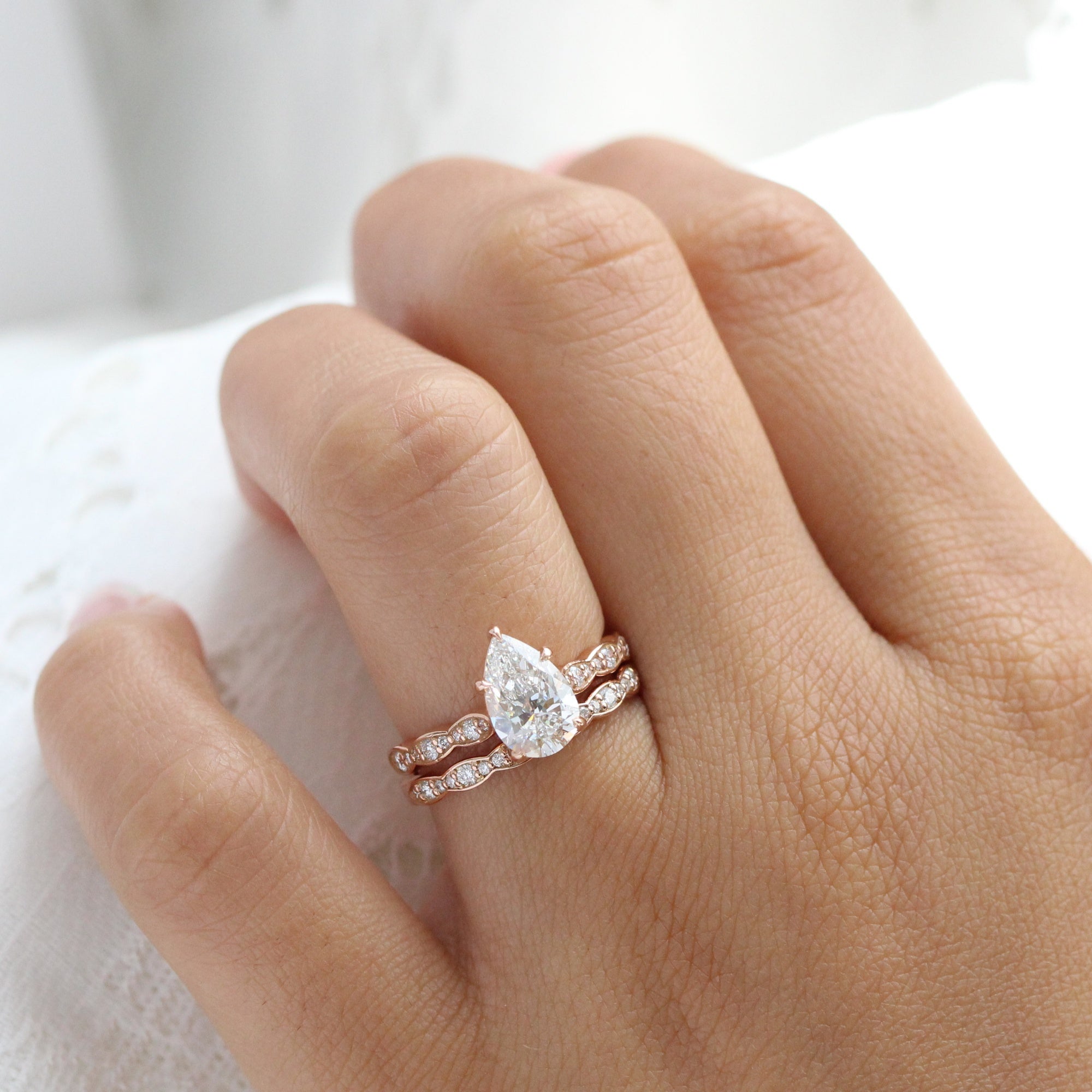Ethical Sustainable Pear Moissanite and Diamond Double V-Band Ring