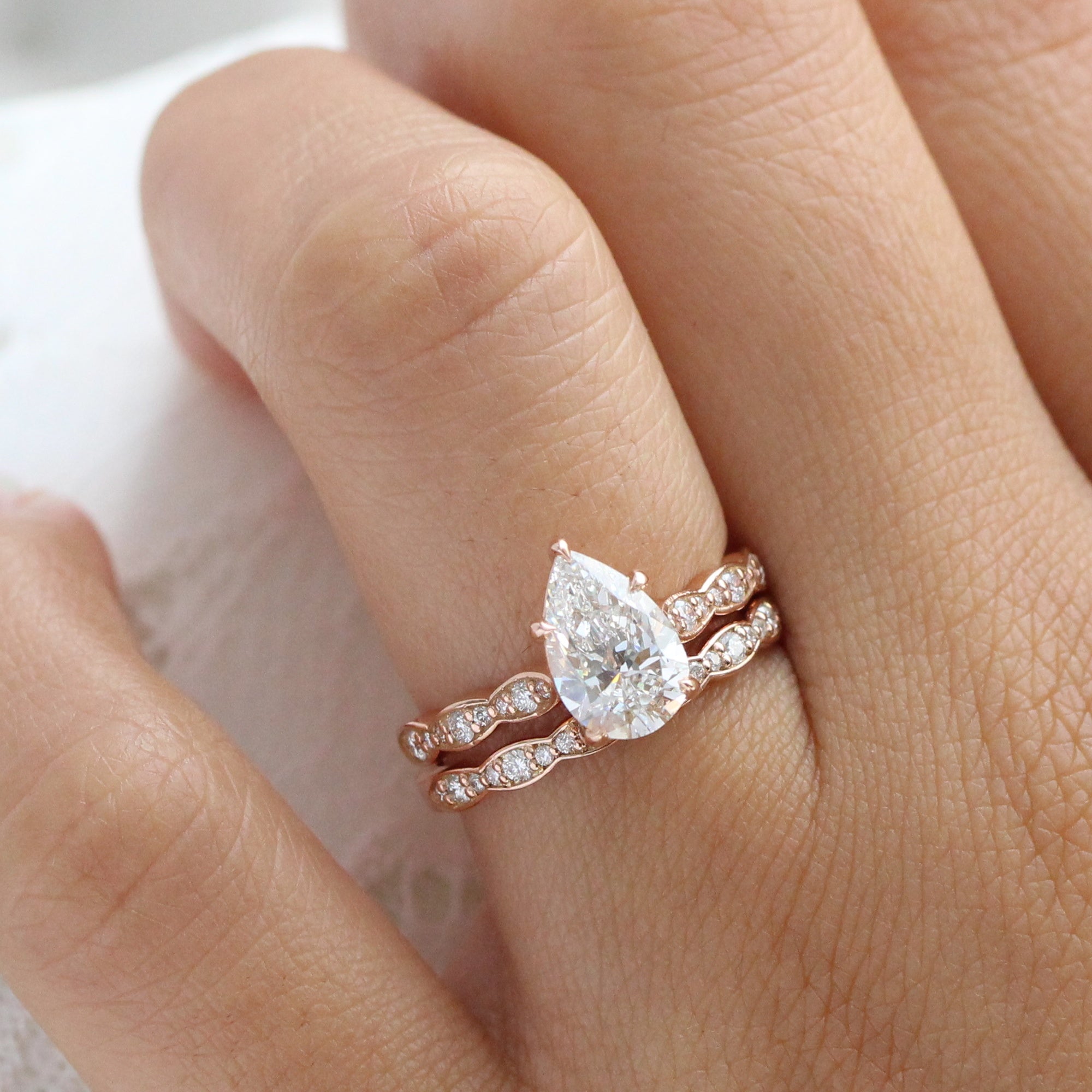 Large Pear Lab Diamond Ring Stack Rose Gold Solitaire Ring Bridal Set