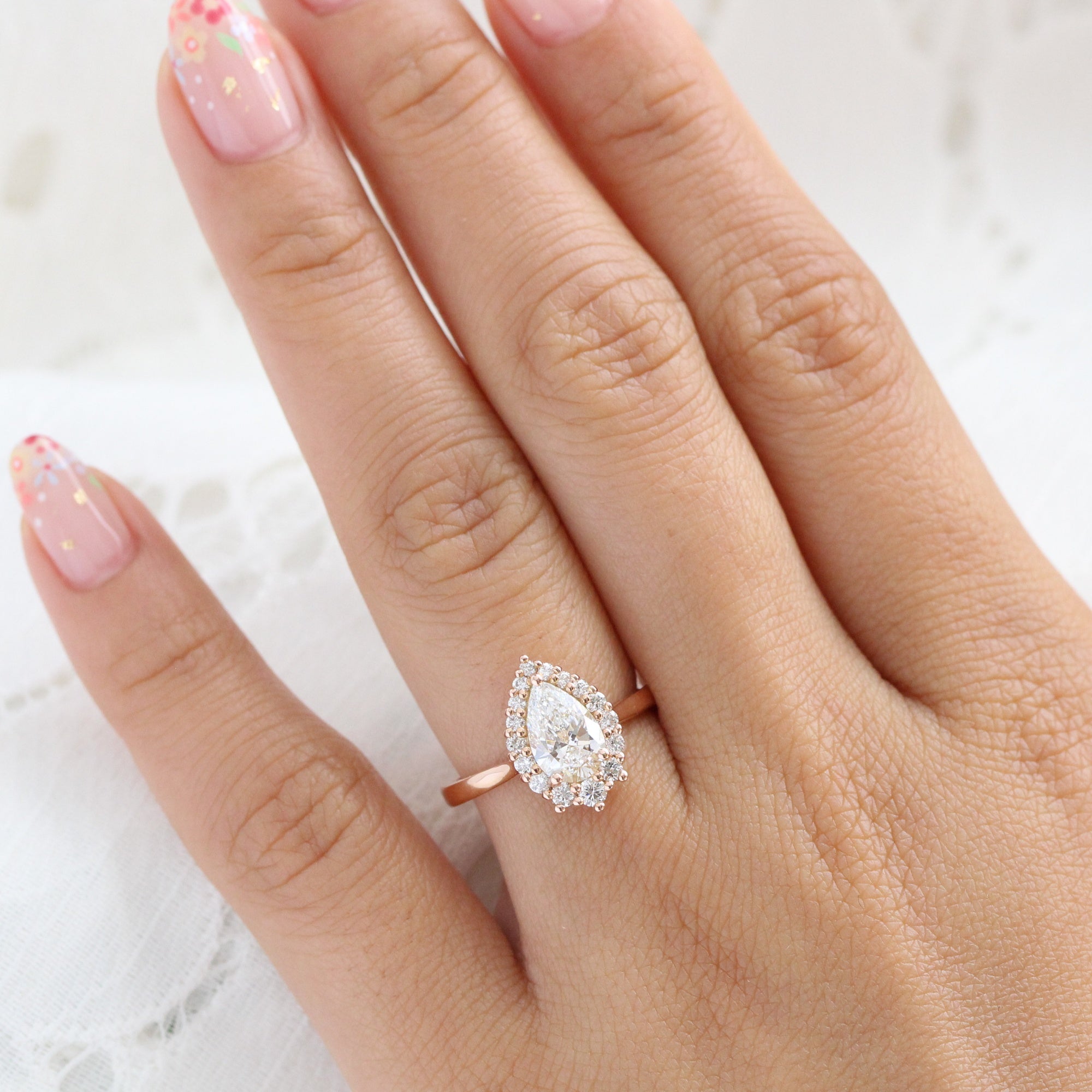 Pear Shaped Diamond Ring, Pear Lab Grown Diamond Halo Engagement Ring