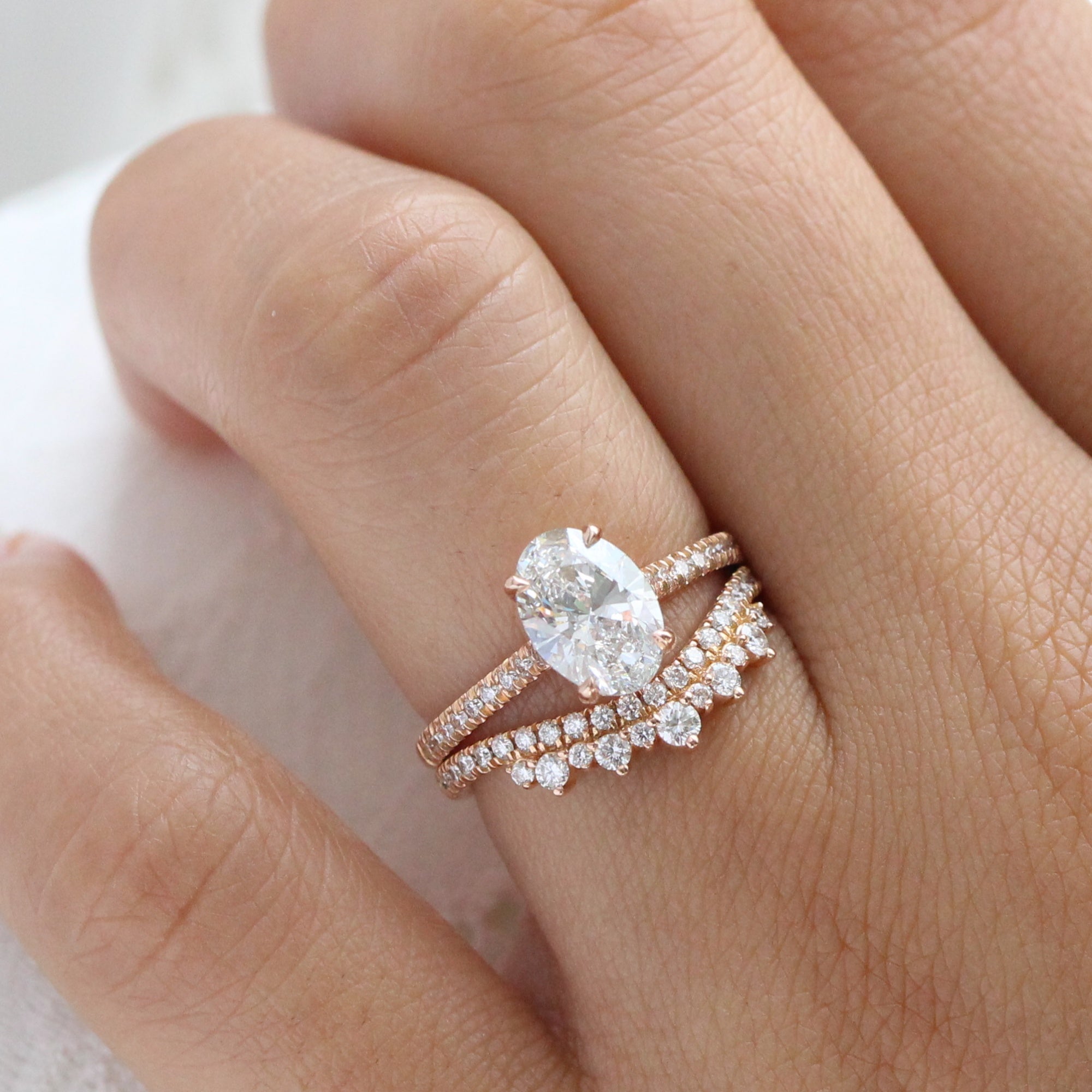 Large Oval Lab Grown Diamond Ring Bridal Set Rose Gold Solitaire Ring Stack 18K Rose Gold / 7.0