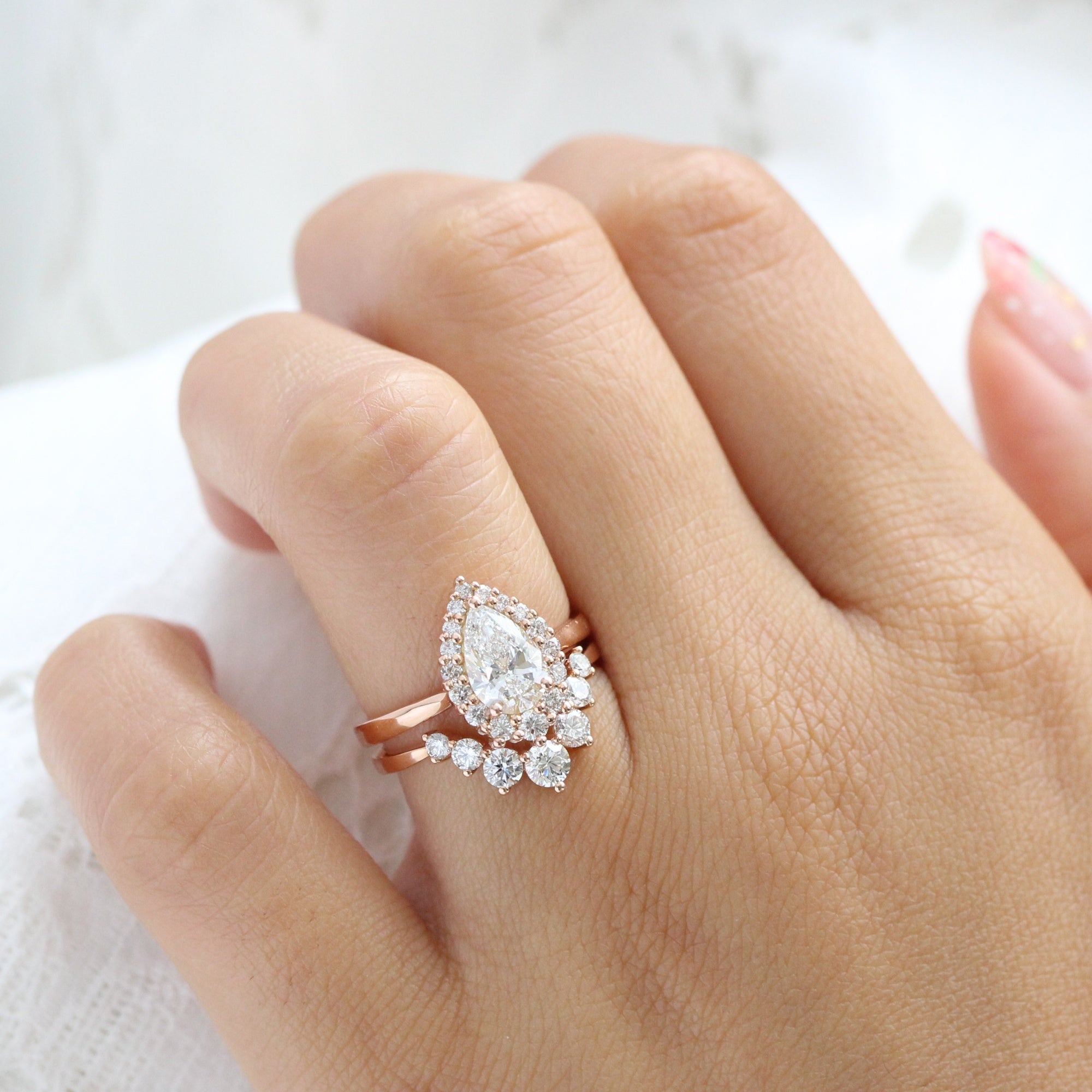 Halo Style Pear Lab Diamond Ring Set Rose Gold Big Diamond Curved Band