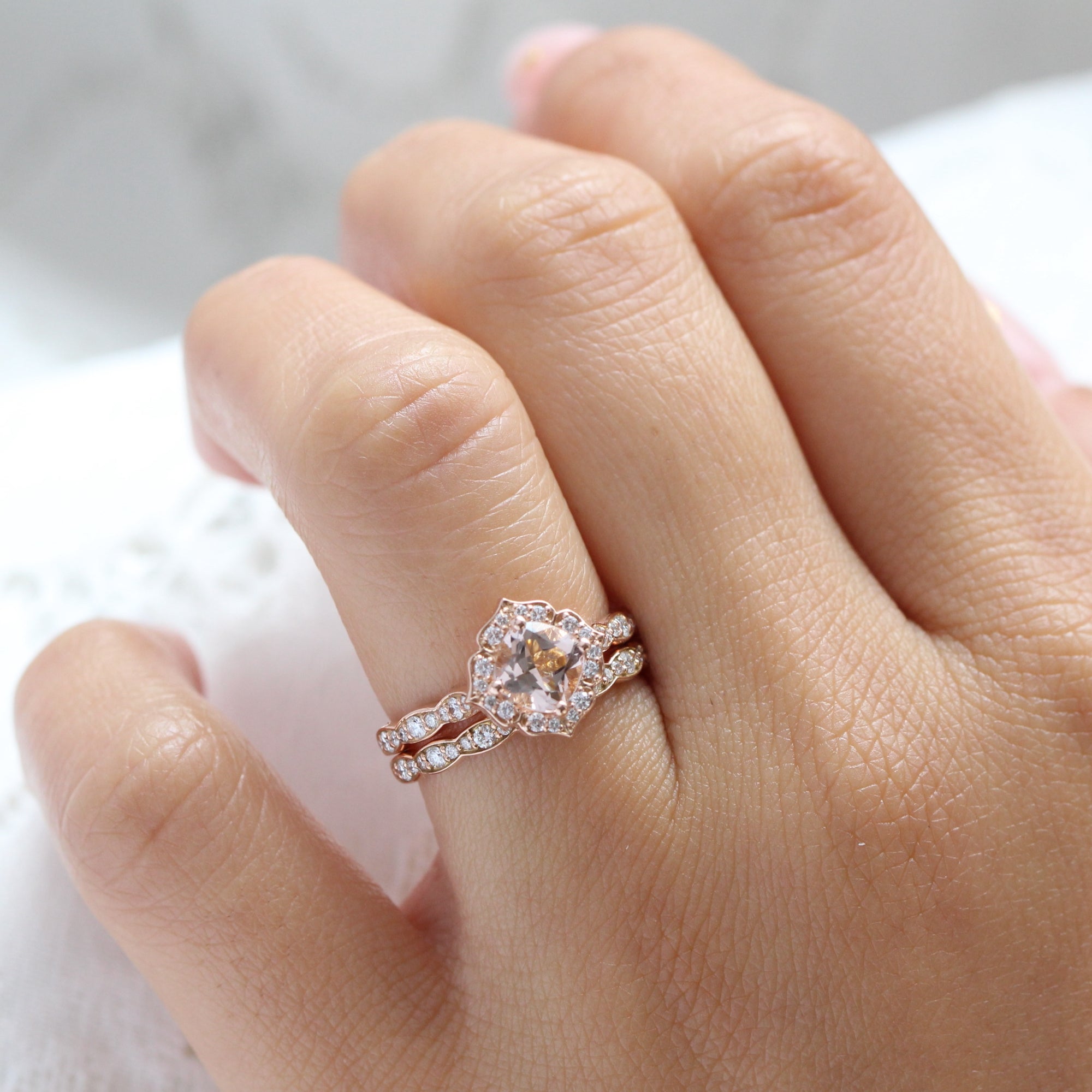 Rose Gold Morganite Ring Bridal Set in Mini Vintage Floral Diamond
