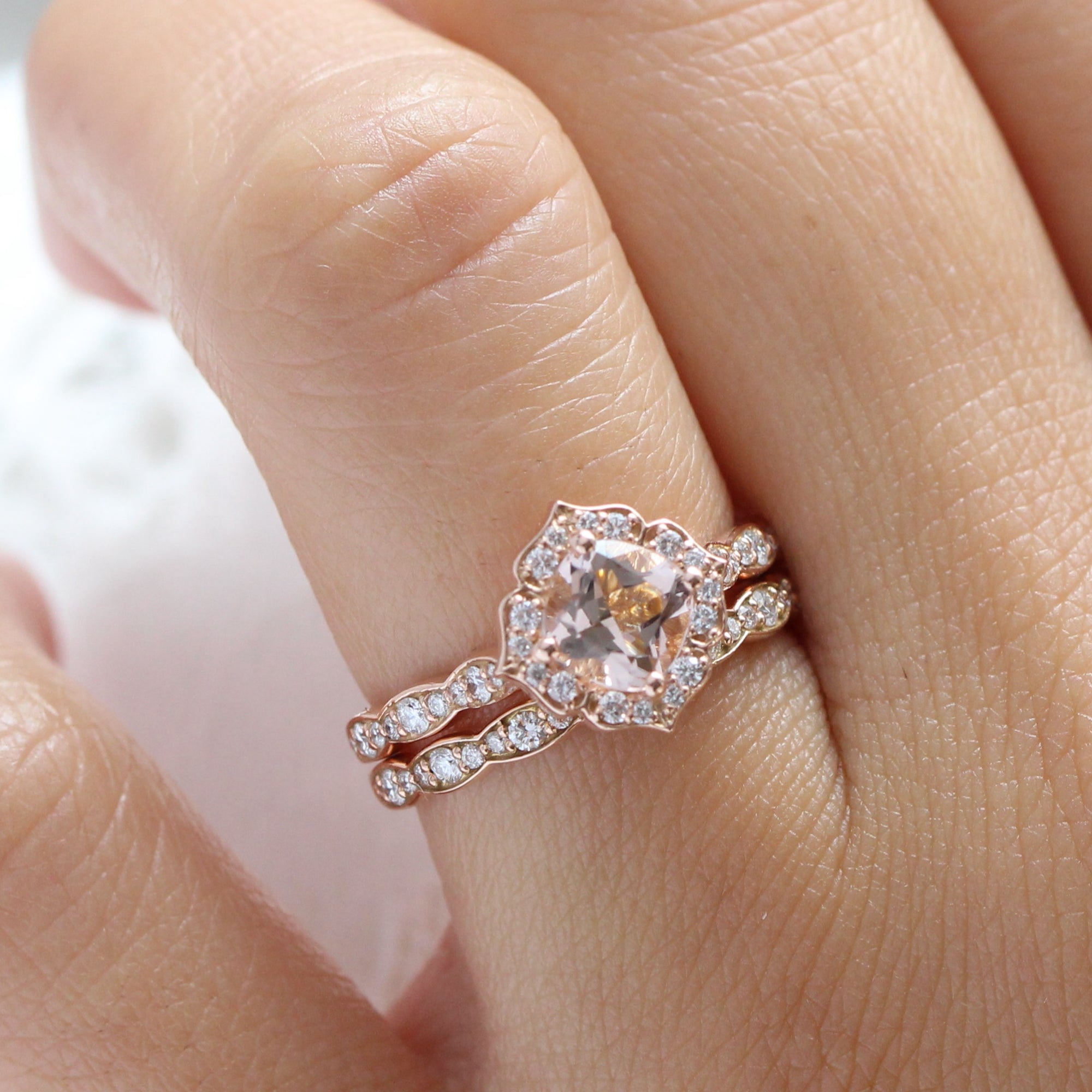 Rose Gold Morganite Ring Bridal Set in Mini Vintage Floral Diamond Band