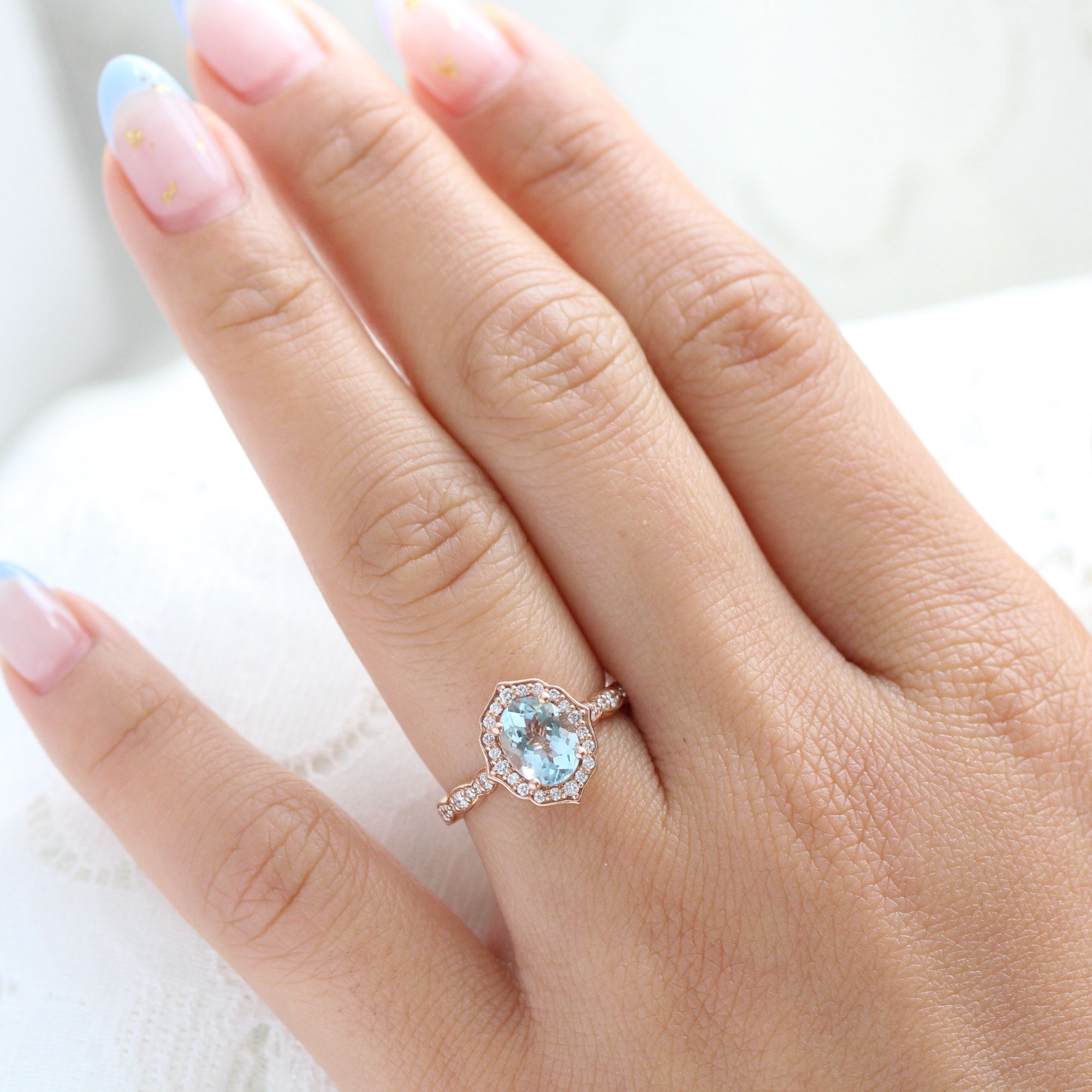 Oval Aquamarine Engagement Ring in Rose Gold Diamond Floral Band ...