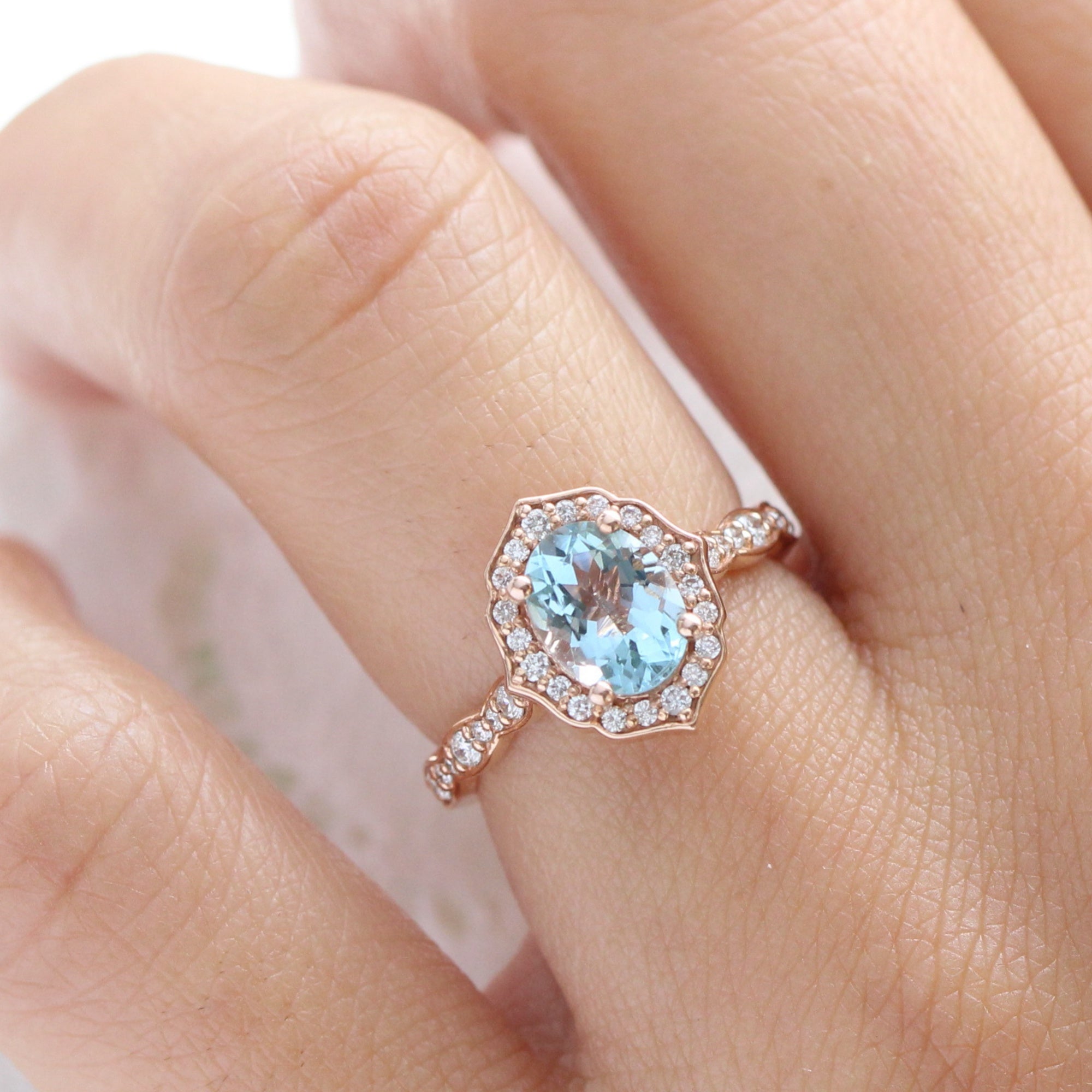 Oval Aquamarine Engagement Ring in Rose Gold Diamond Floral Band