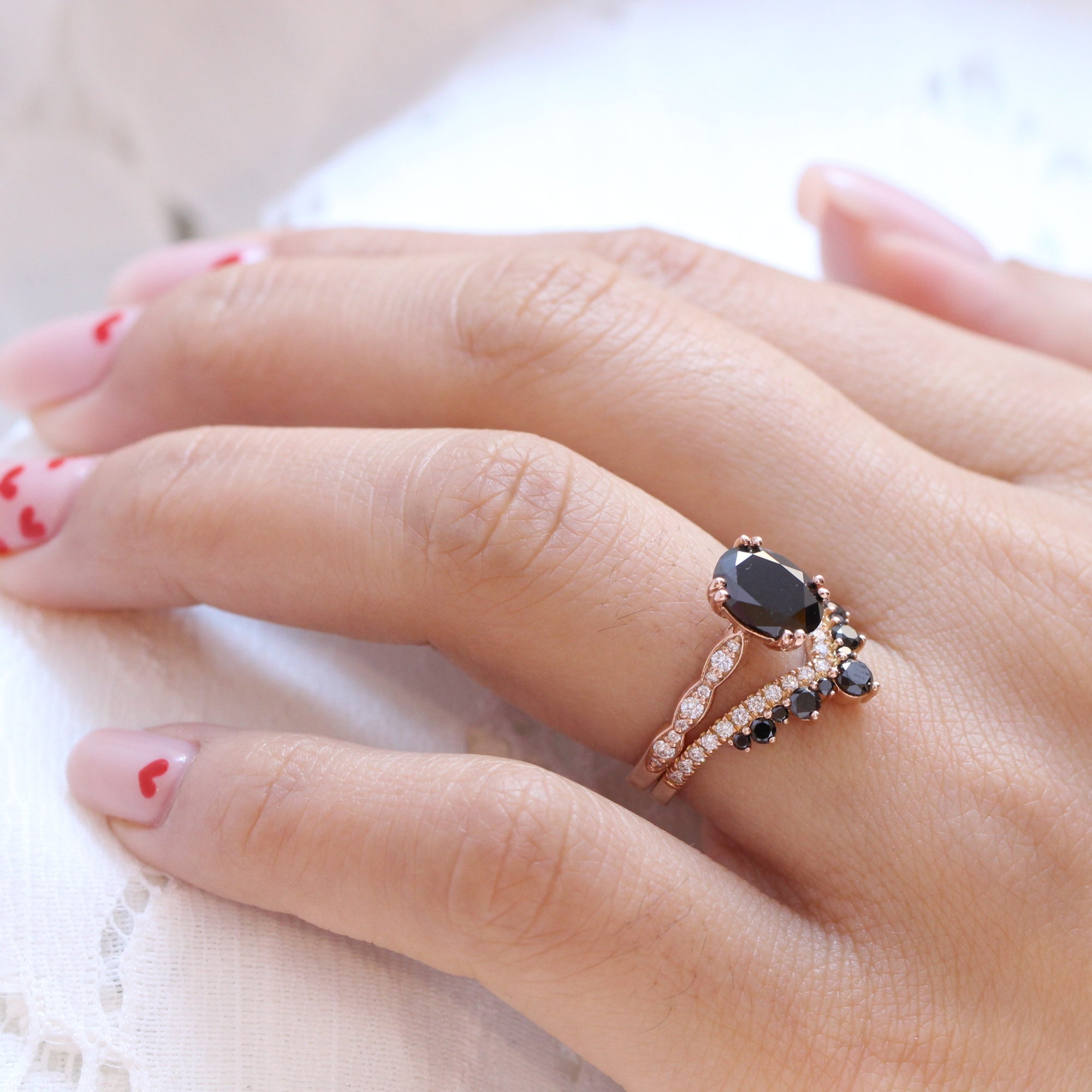 Solitaire Black Diamond Engagement Ring Rose Gold Oval Ring Bridal Set | La  More Design