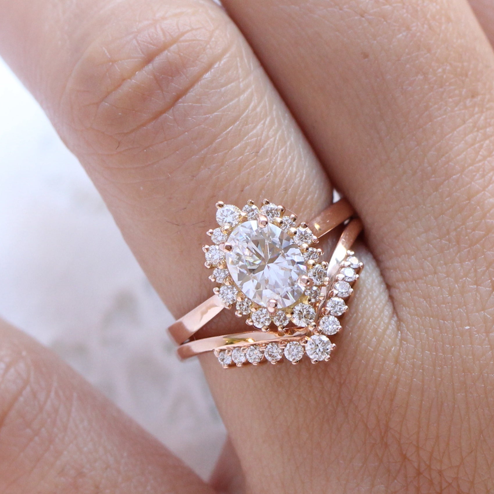 Halo Diamond Oval Moissanite Ring Set Rose Gold V Diamond Wedding Band La More Design