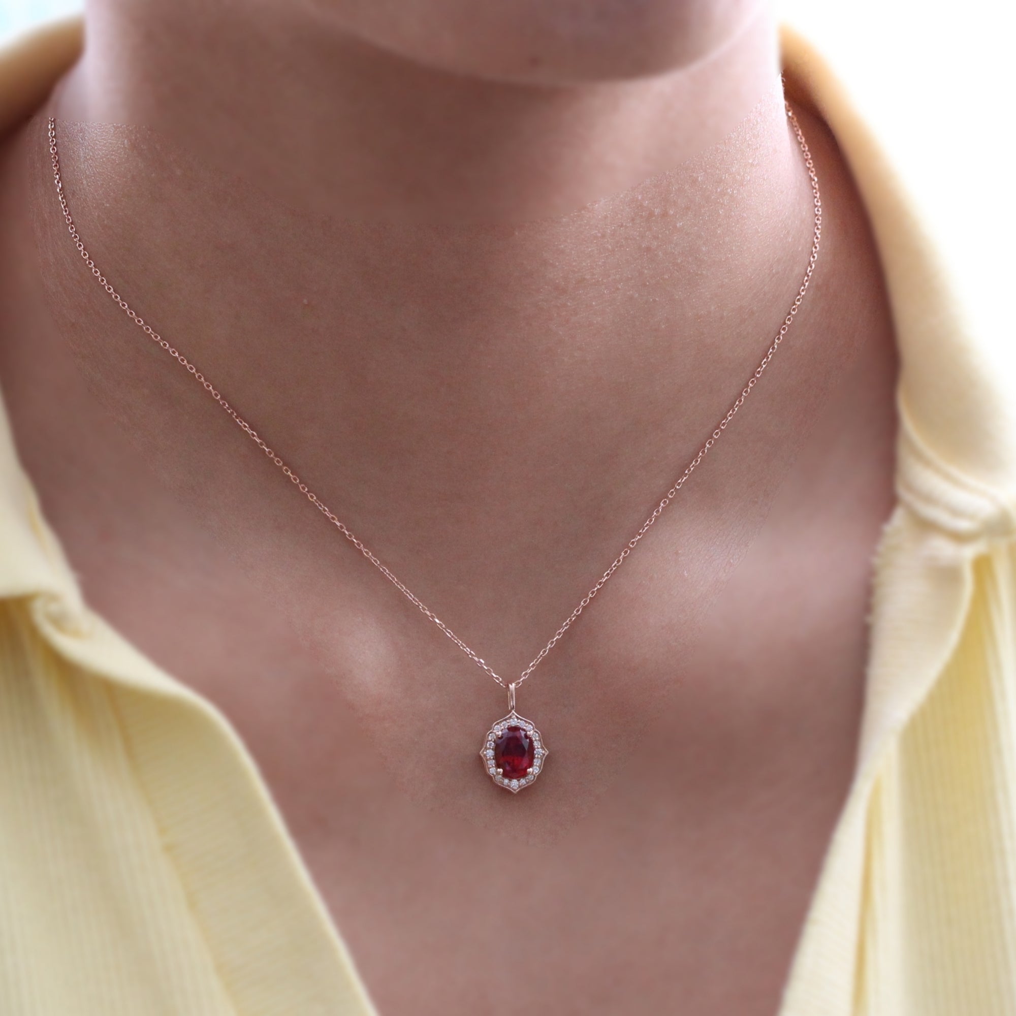 Vintage Style Oval Ruby Necklace Rose Gold Halo Diamond Pendant Chain
