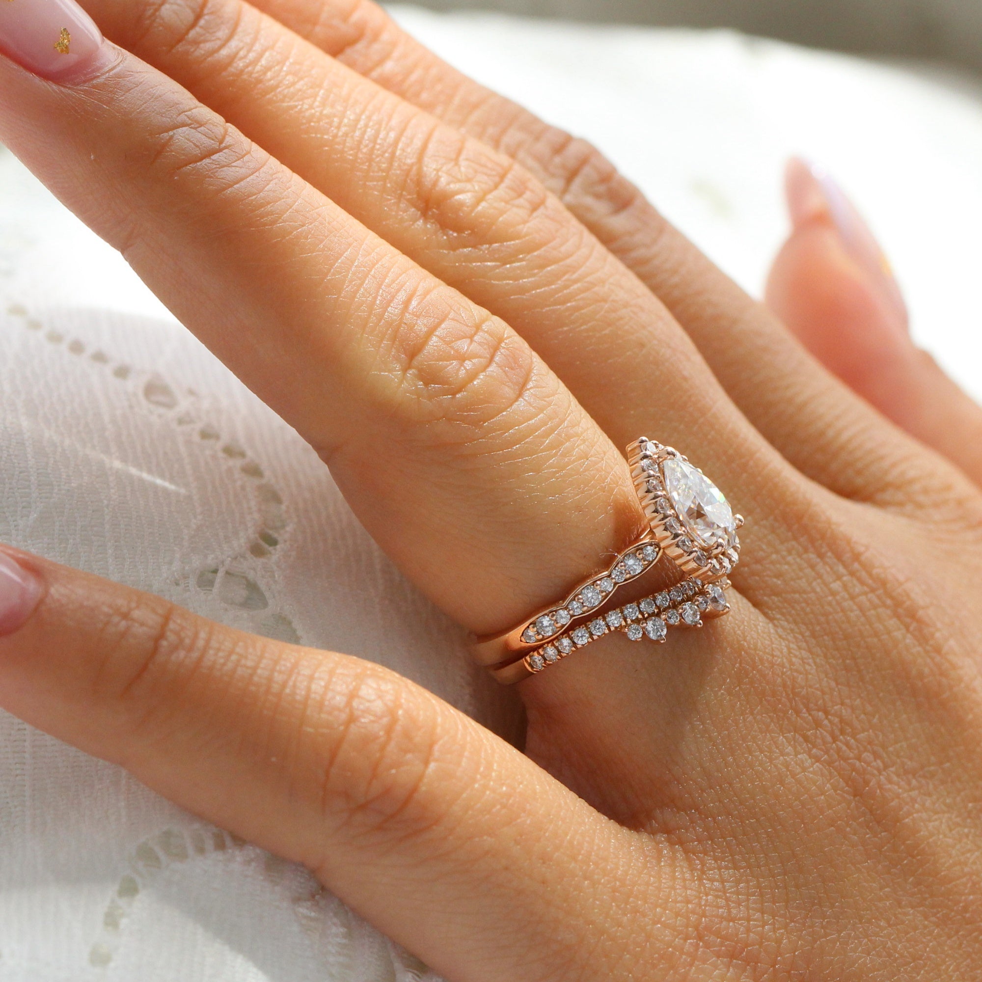 Rose Gold Pear Moissanite Ring Bridal Set in Curved Crown Diamond Band 14K White Gold / 9.0