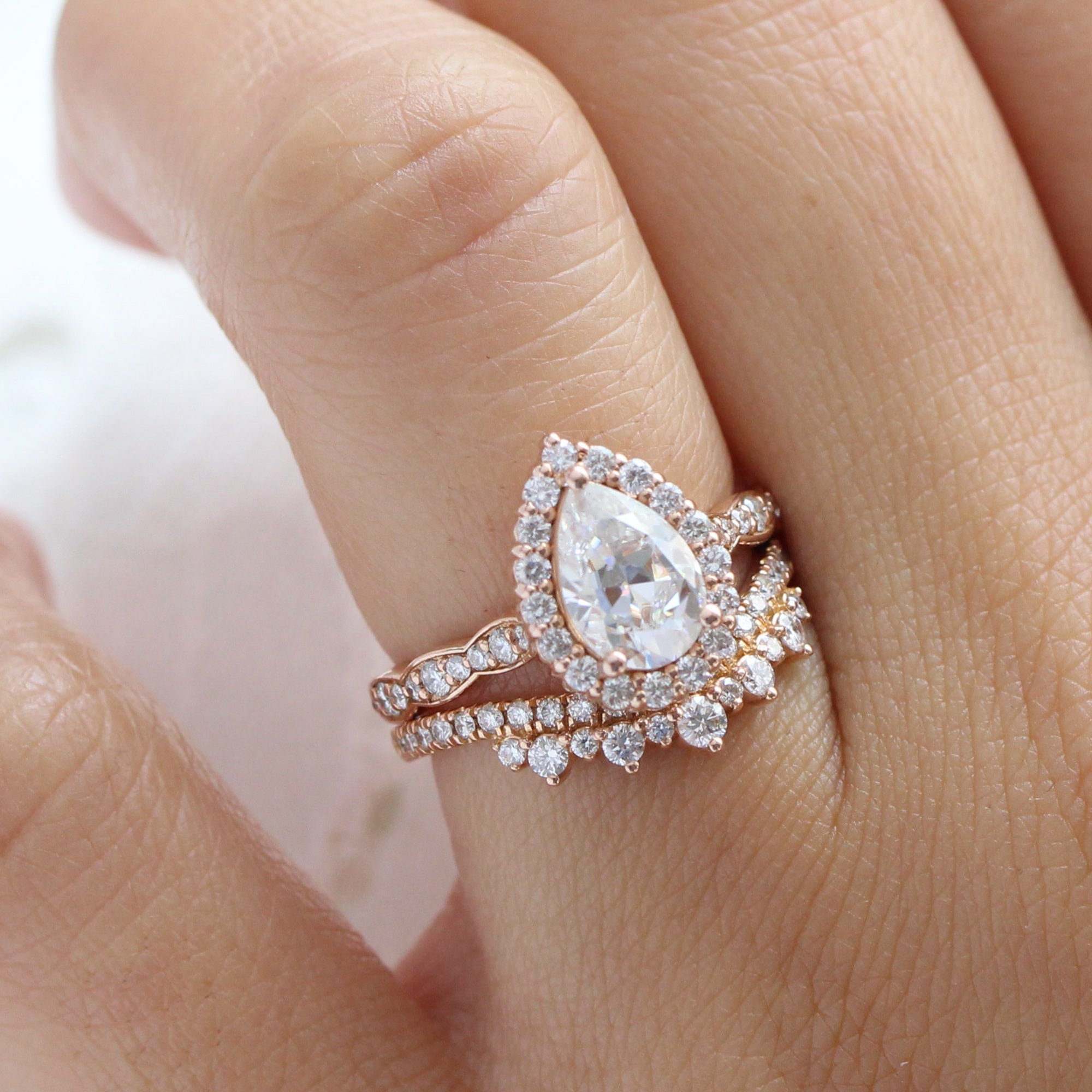 Rose Gold Pear Moissanite Ring Bridal Set in Curved Crown Diamond Band