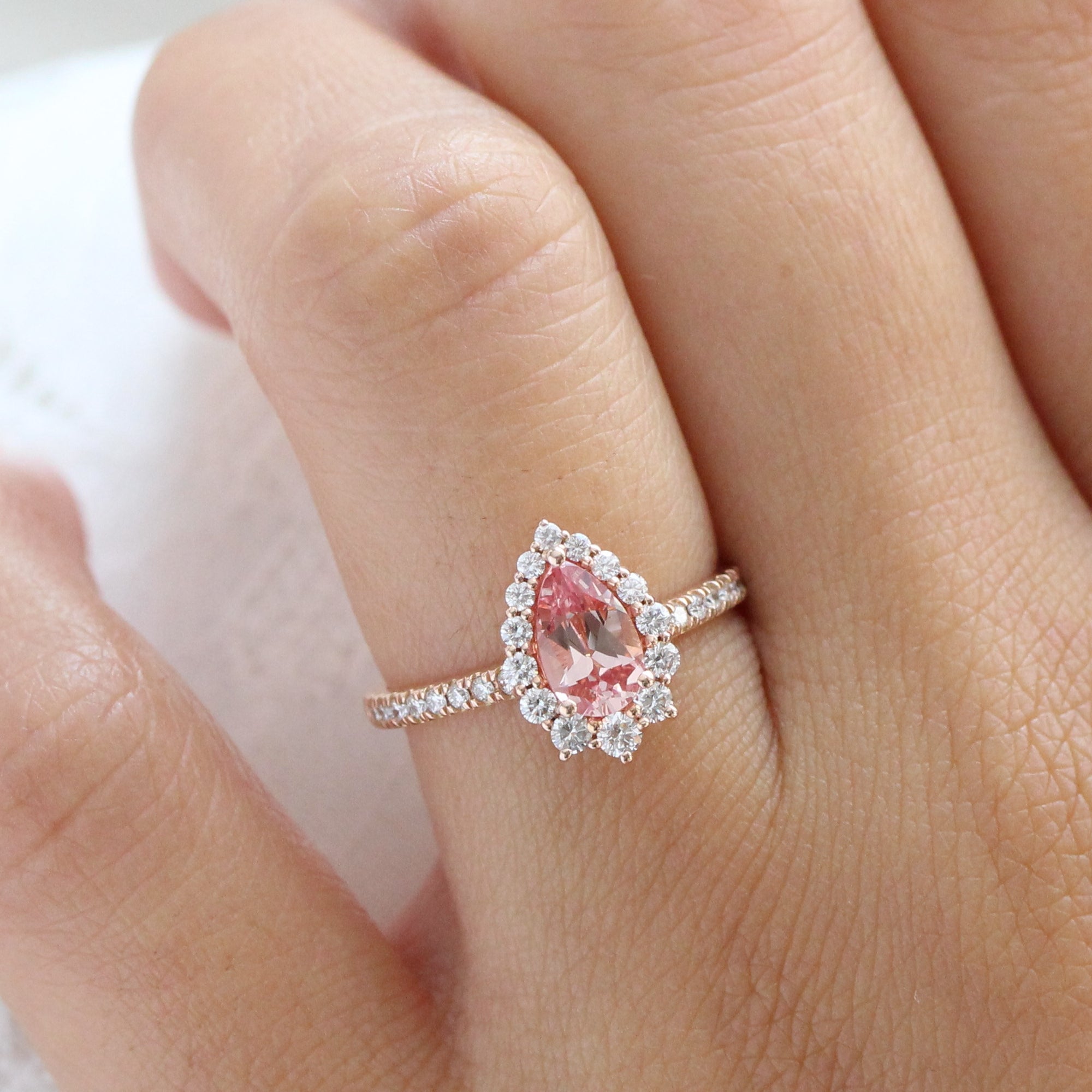 Emerald cut peach store sapphire ring