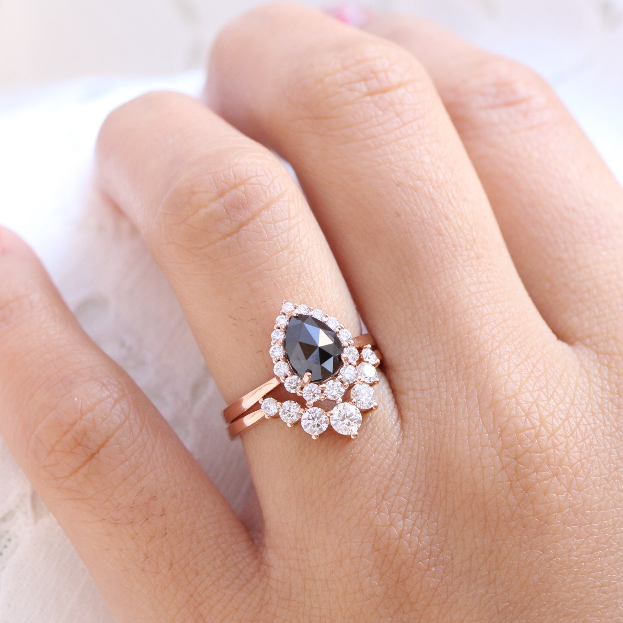 Rose Cut Black Diamond Ring Gold 7 Stone Wedding Band Halo Pear Ring
