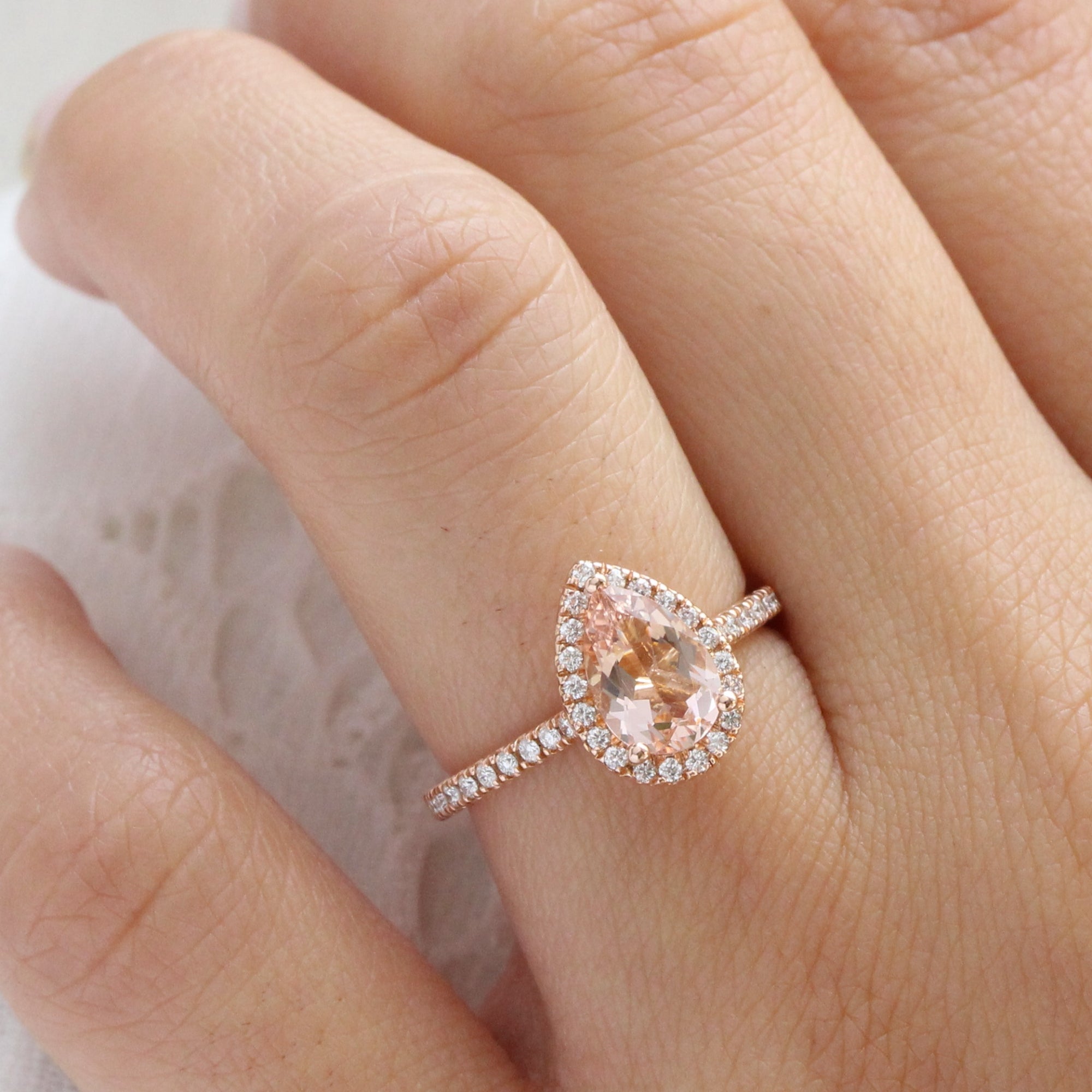 Pear shaped morganite ring with shop diamonds in 14k rose gold