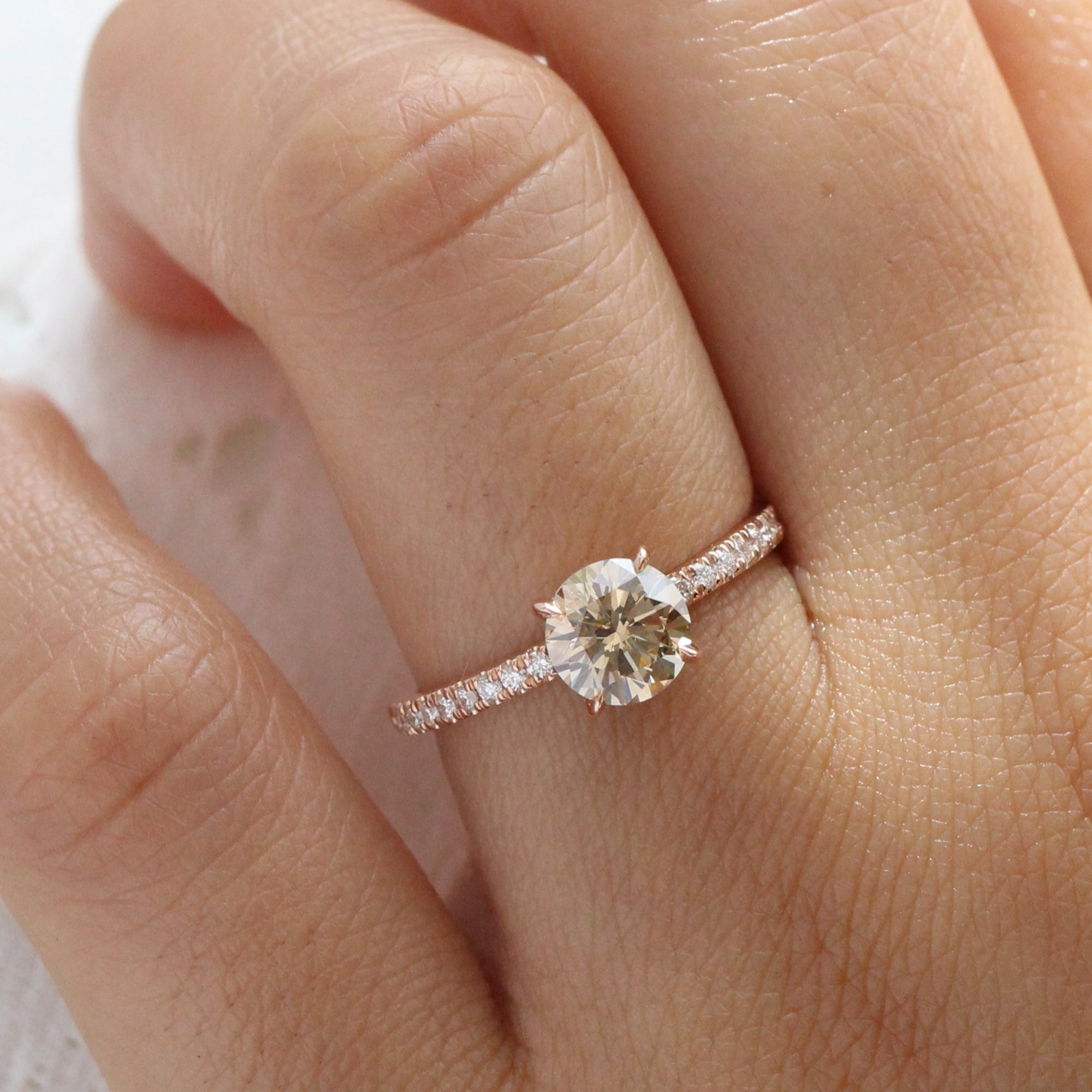 Round engagement ring pave shop band