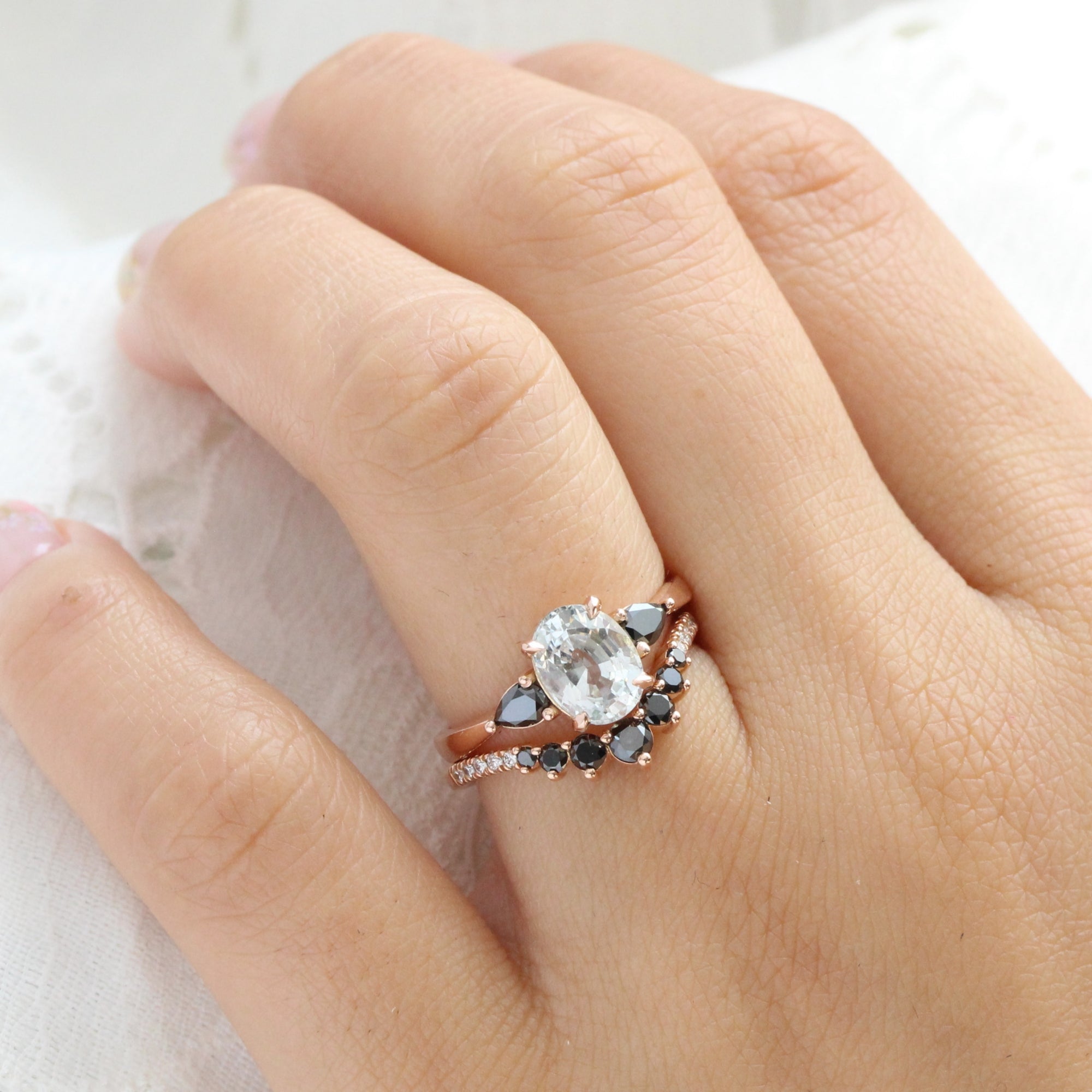 3 stone white sapphire ring rose gold pear black diamond ring la more design jewelry