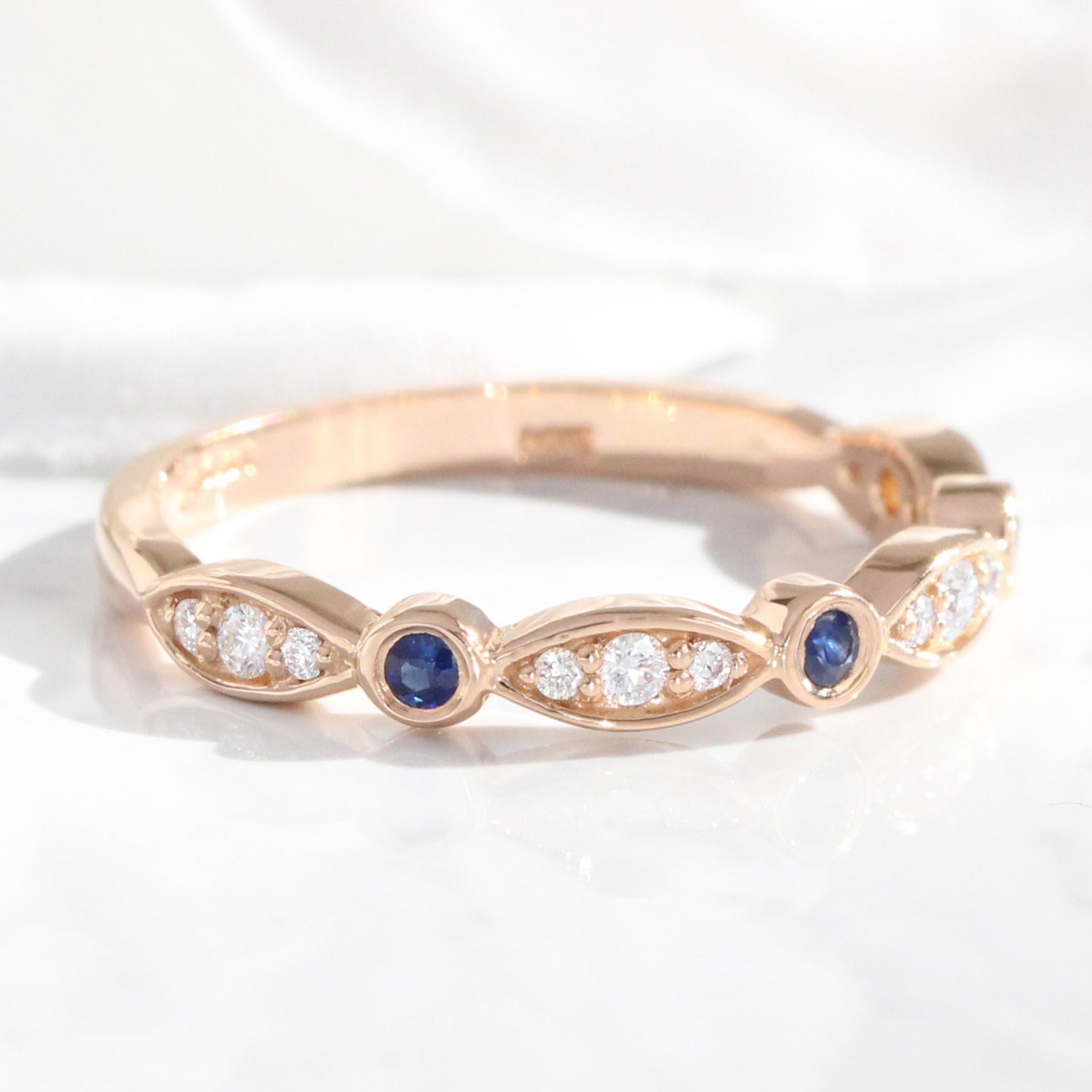 Bezel diamond and sapphire wedding ring rose gold scalloped half eternity band la more design jewelry