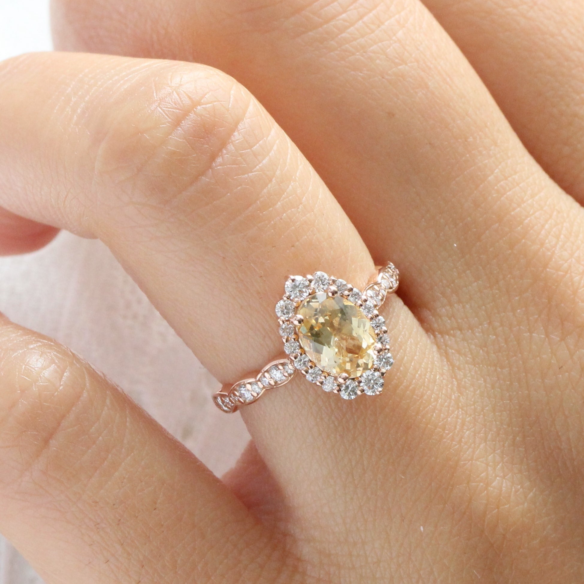 Champagne yellow sapphire ring rose gold halo diamond sapphire ring la more design jewelry