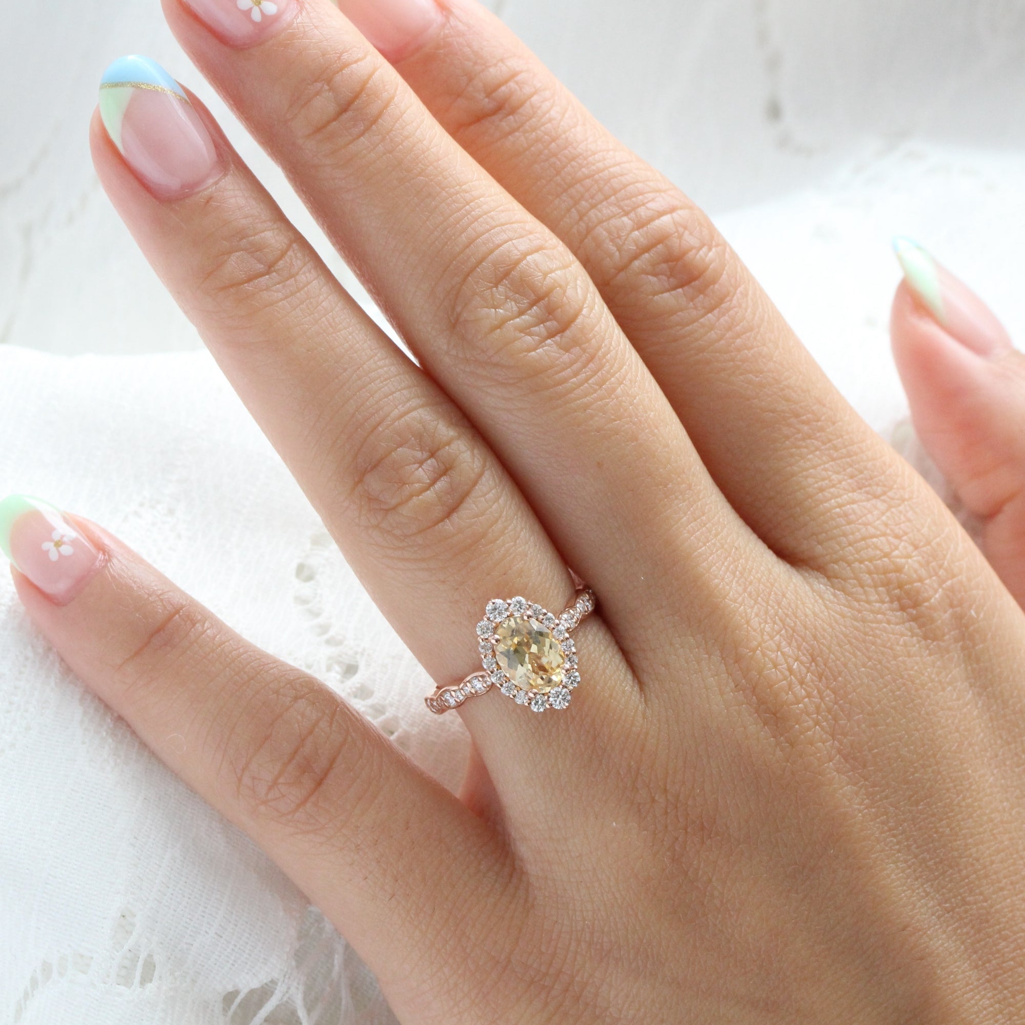 Champagne yellow sapphire ring rose gold halo diamond sapphire ring la more design jewelry