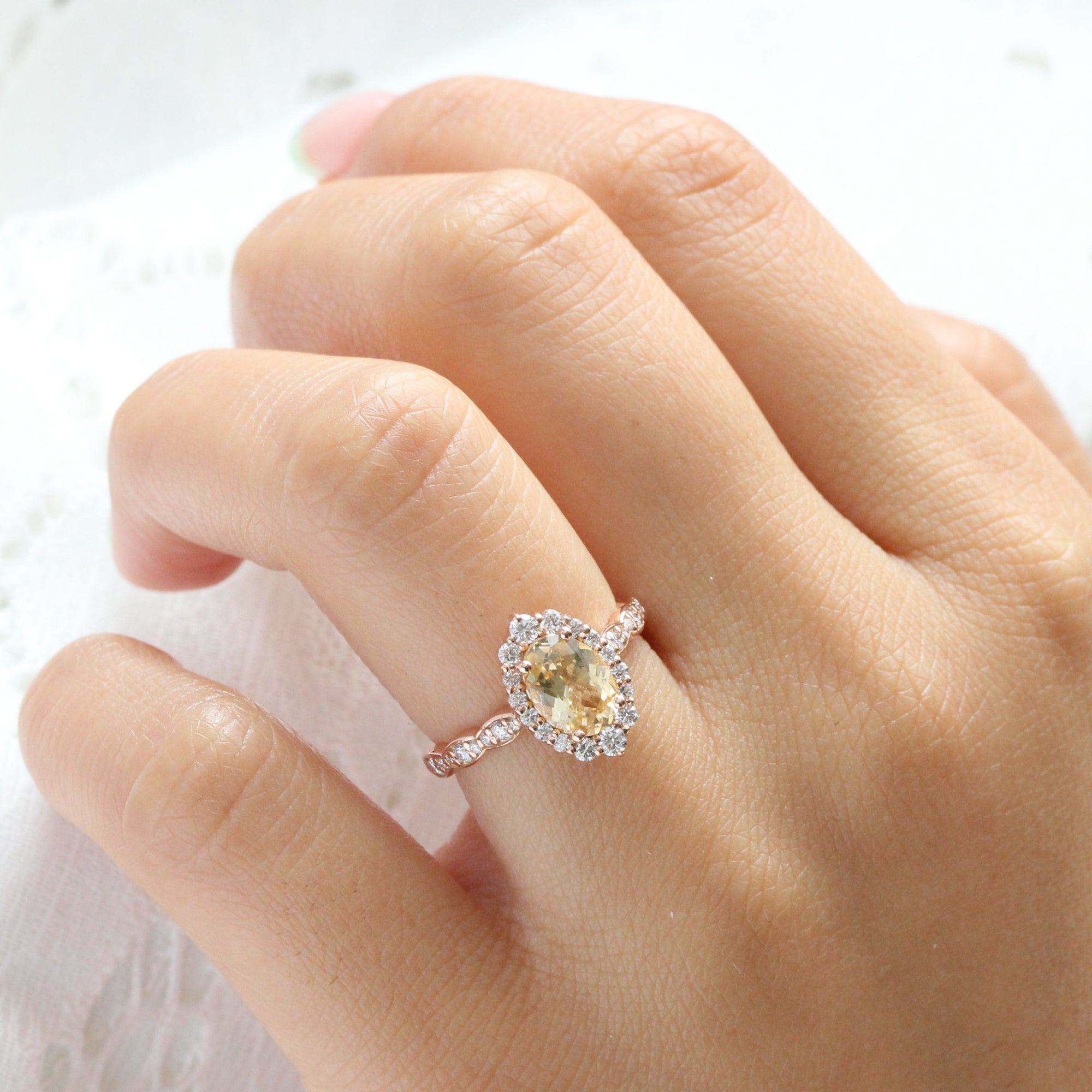 Champagne yellow sapphire ring rose gold halo diamond sapphire ring la more design jewelry