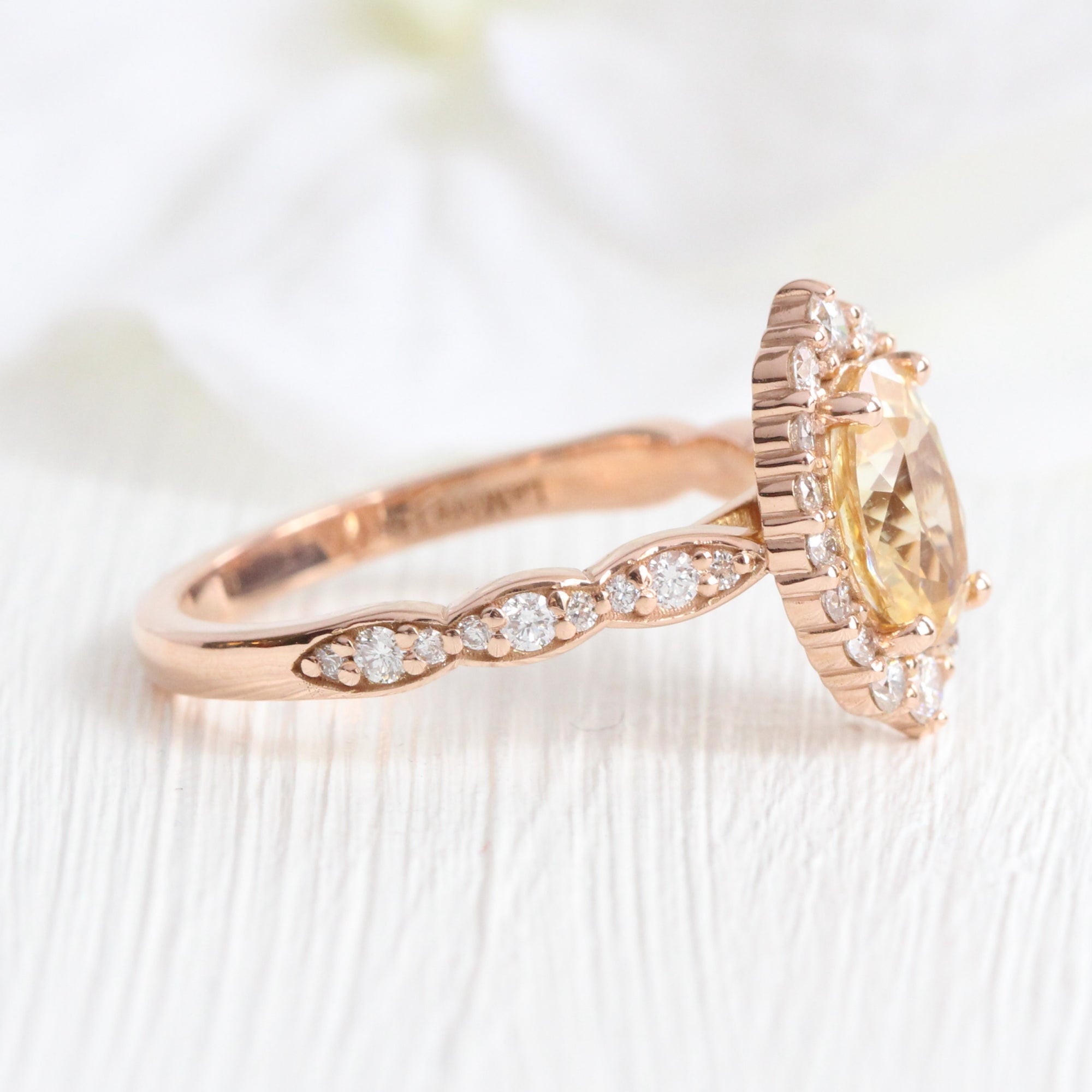 Champagne yellow sapphire ring rose gold halo diamond sapphire ring la more design jewelry