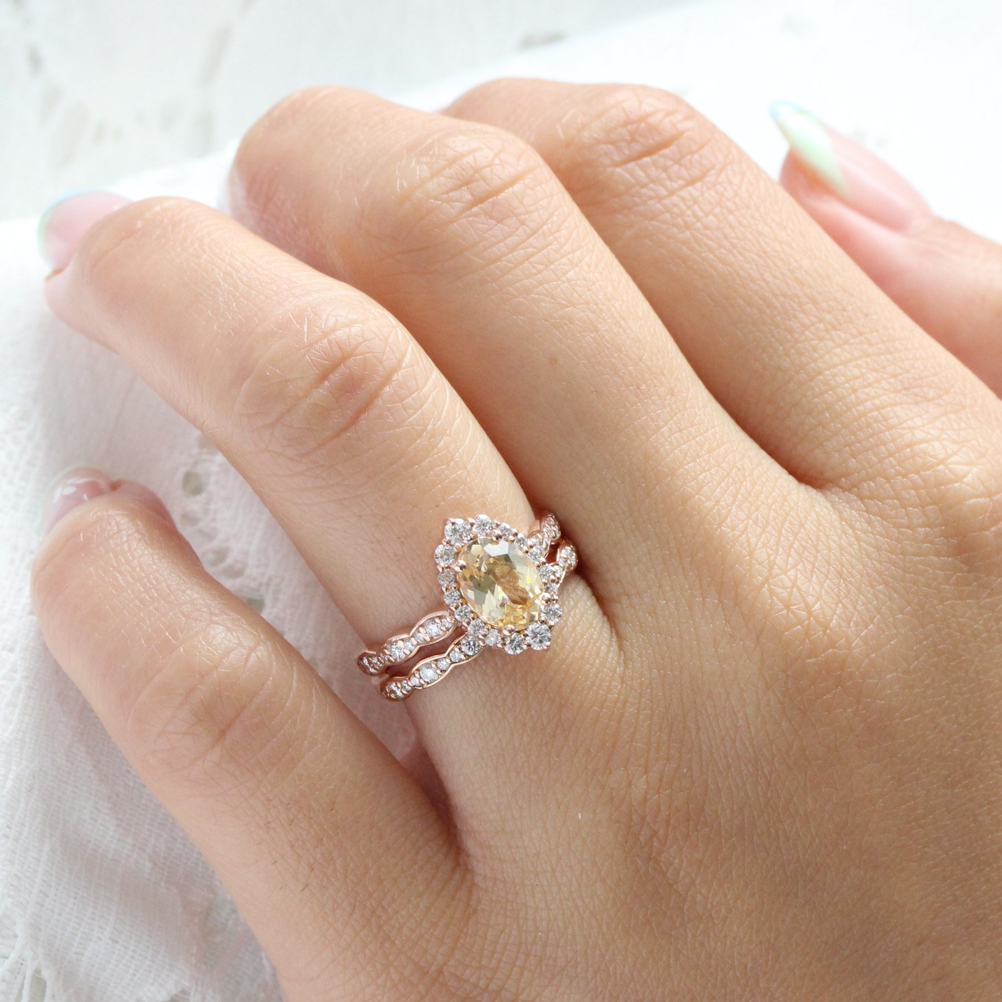 Champagne yellow sapphire ring rose gold halo diamond sapphire ring la more design jewelry