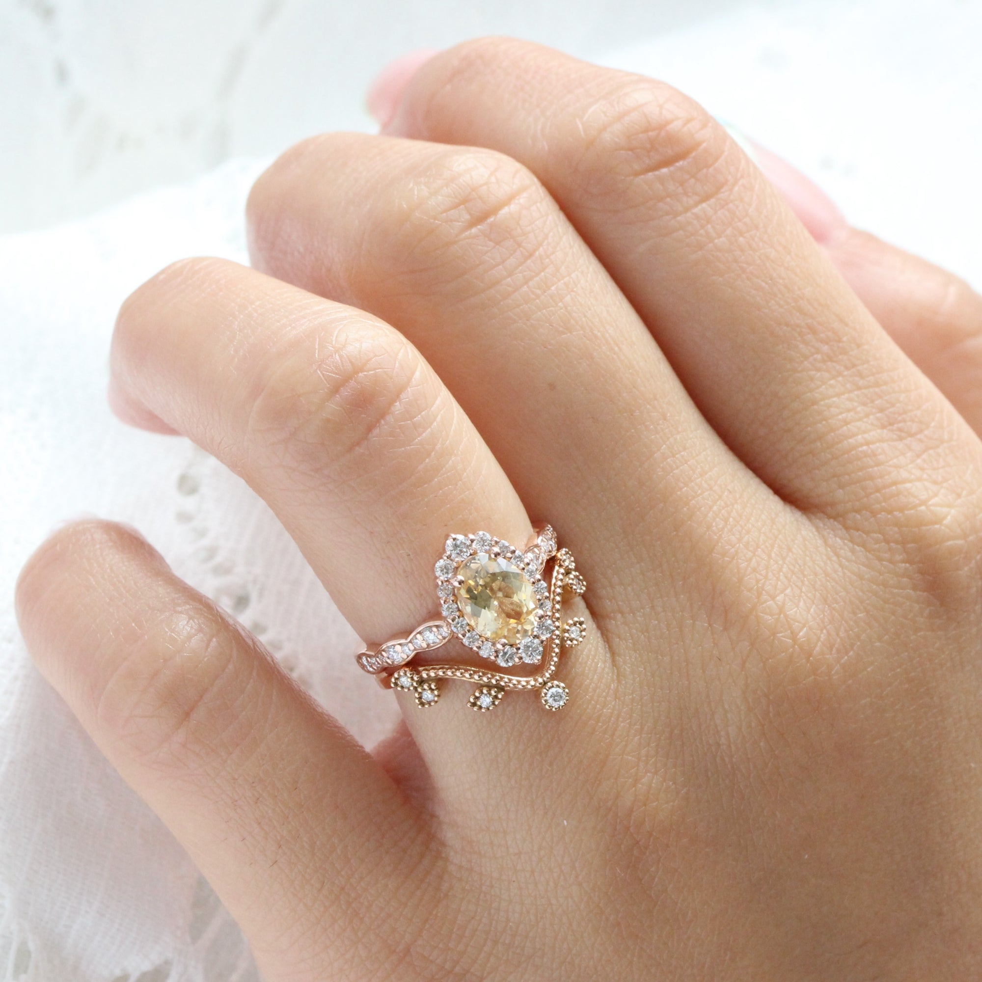 Champagne yellow sapphire ring rose gold halo diamond sapphire ring la more design jewelry