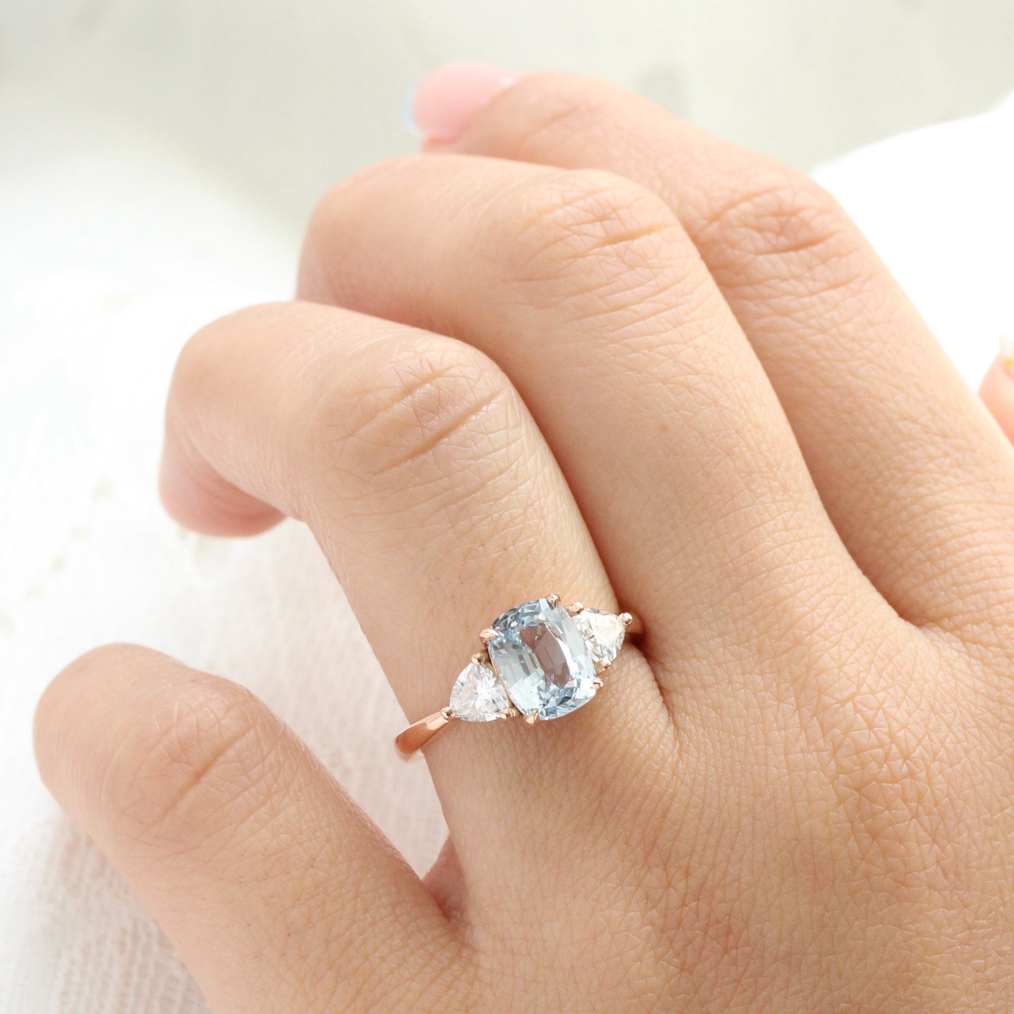 Cushion aqua blue sapphire ring rose gold 3 stone diamond ring la more design jewelry