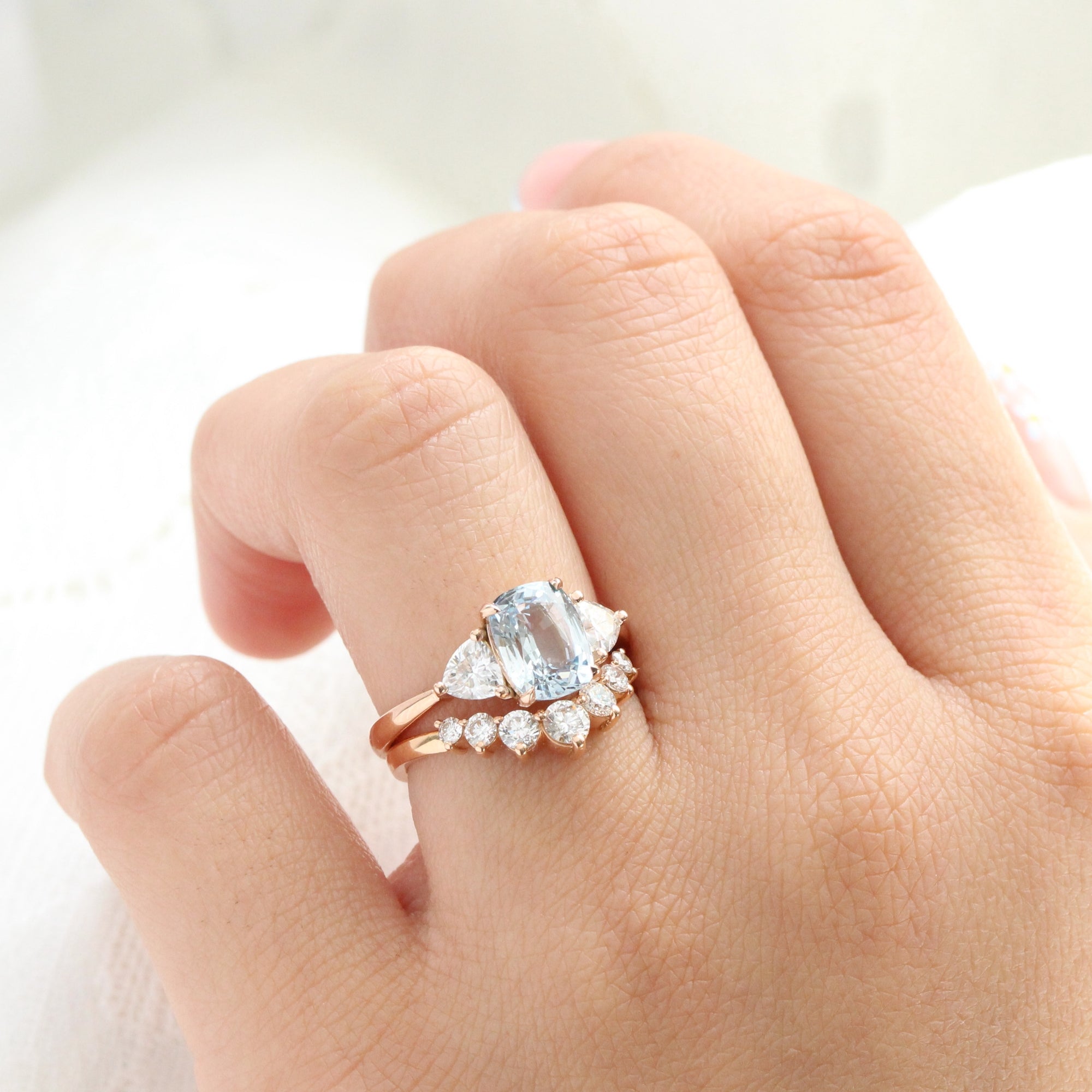 Cushion aqua blue sapphire ring rose gold 3 stone diamond ring la more design jewelry