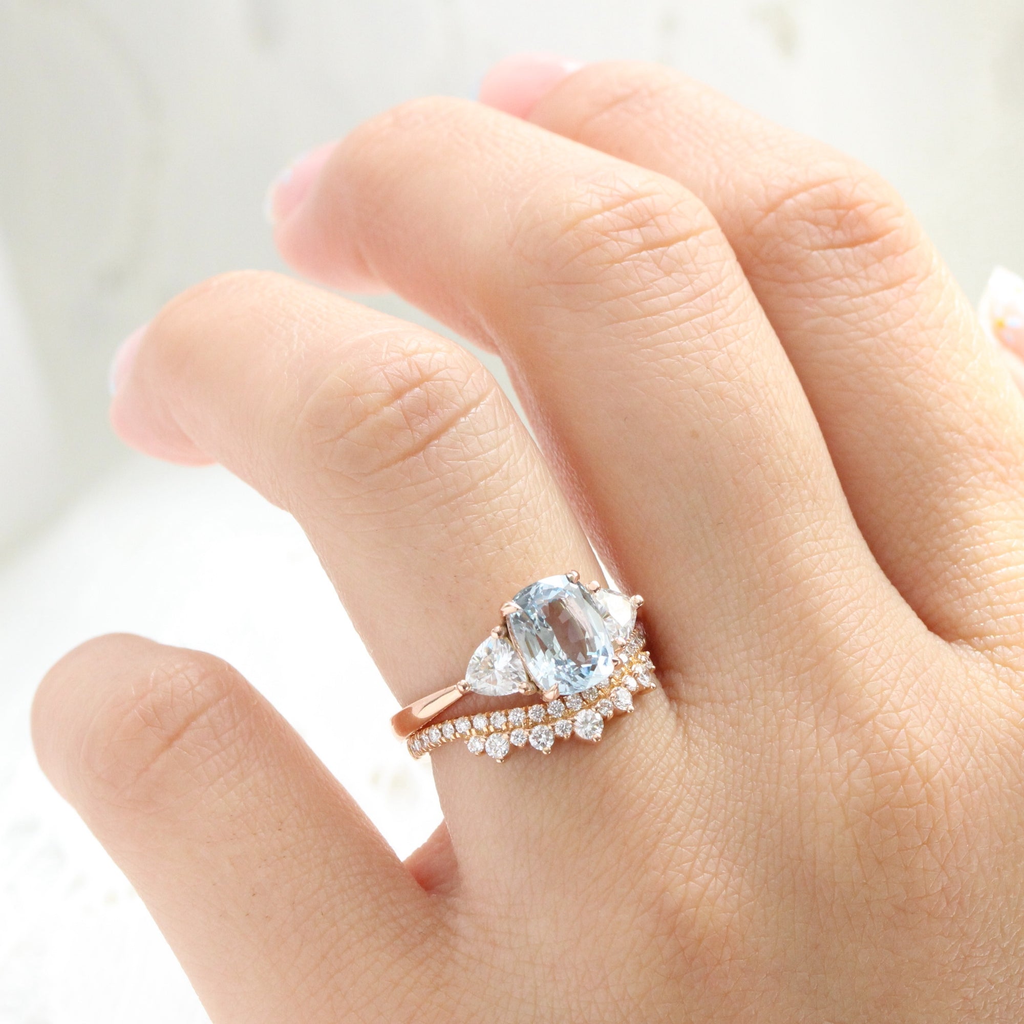 Cushion aqua blue sapphire ring rose gold 3 stone diamond ring la more design jewelry