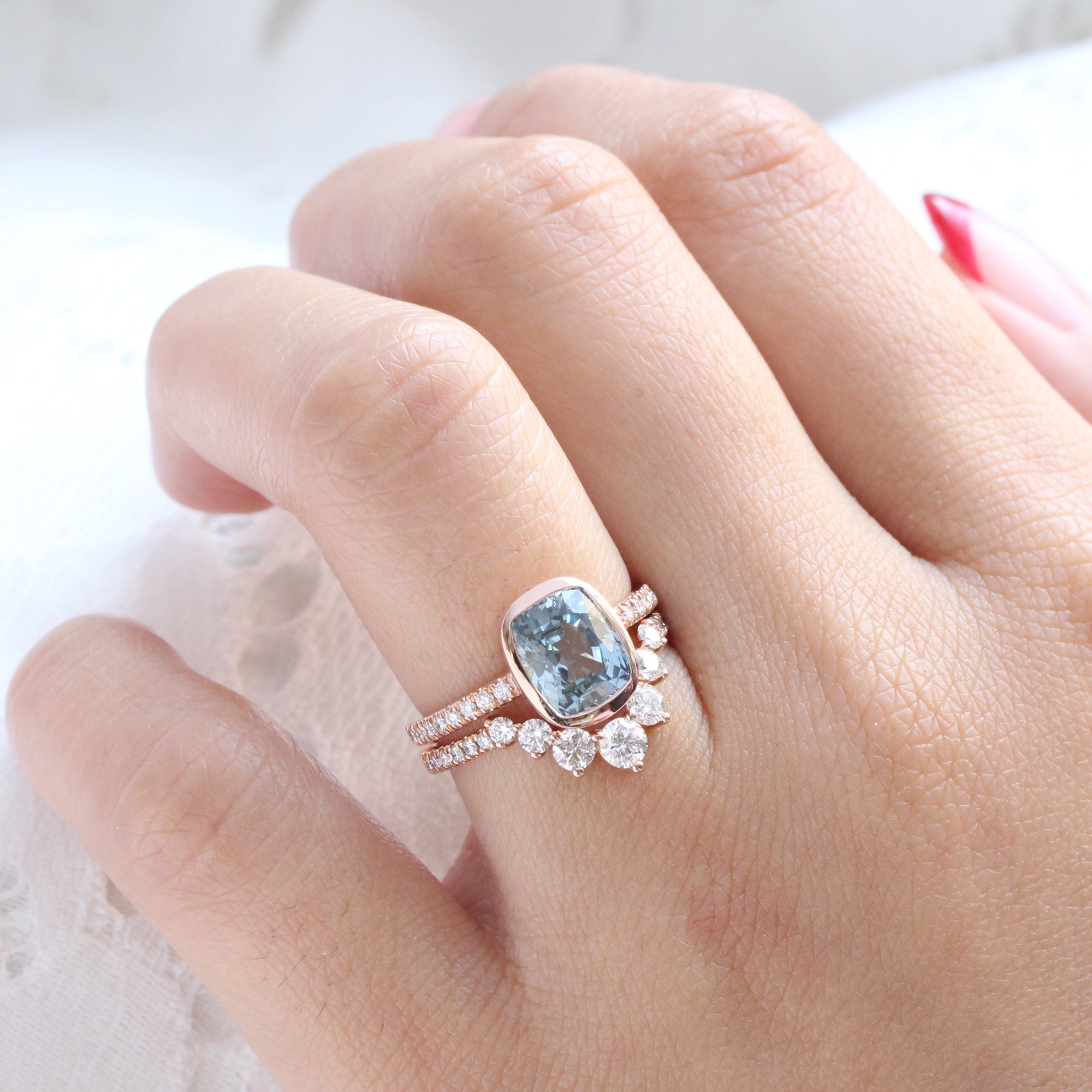 Cushion Aqua Blue Sapphire Bezel Ring Rose Gold Pave Diamond Band