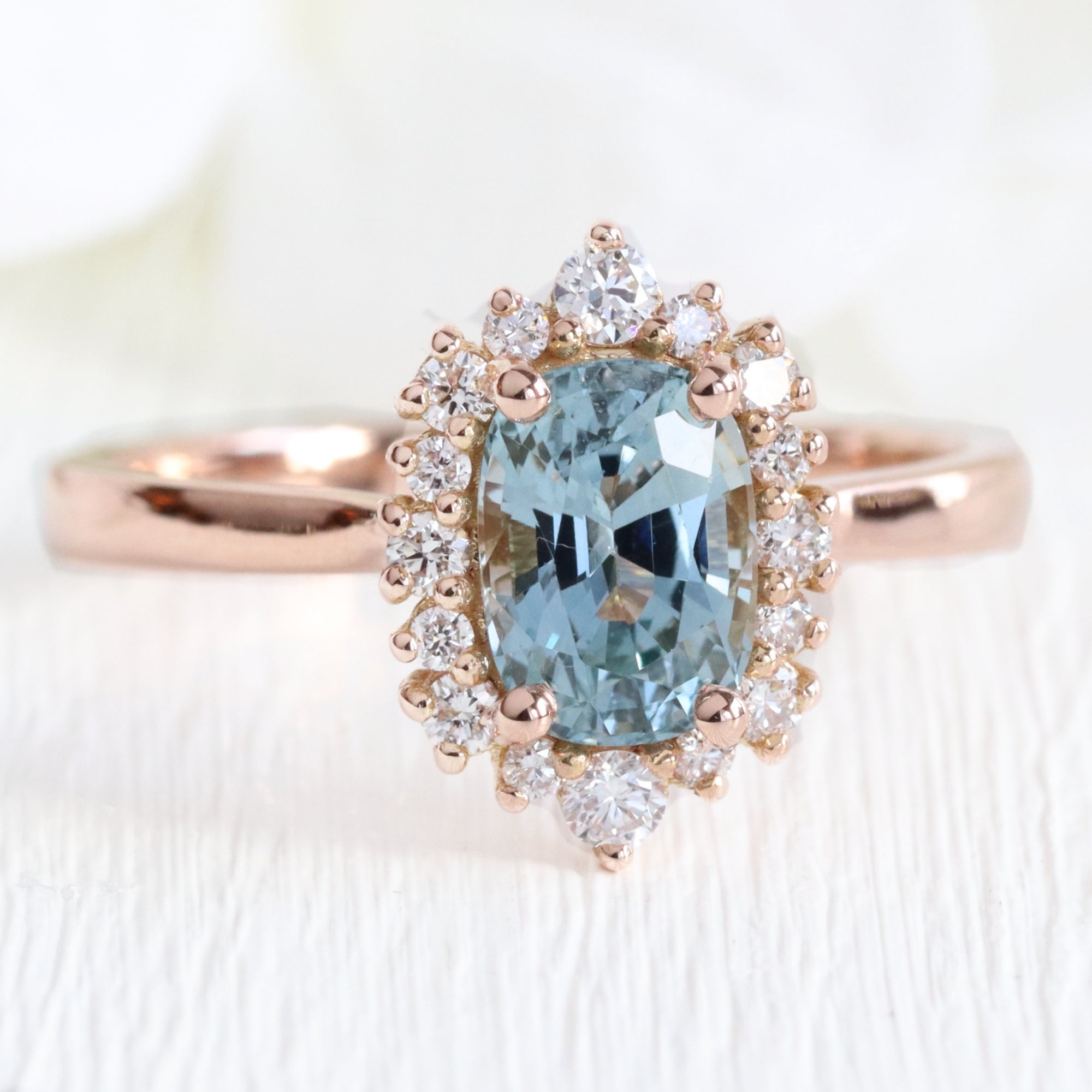 1.81 Ct Teal Aqua Blue Sapphire Ring in 14k Rose Gold Tiara Halo Diamond,  Size 6.5